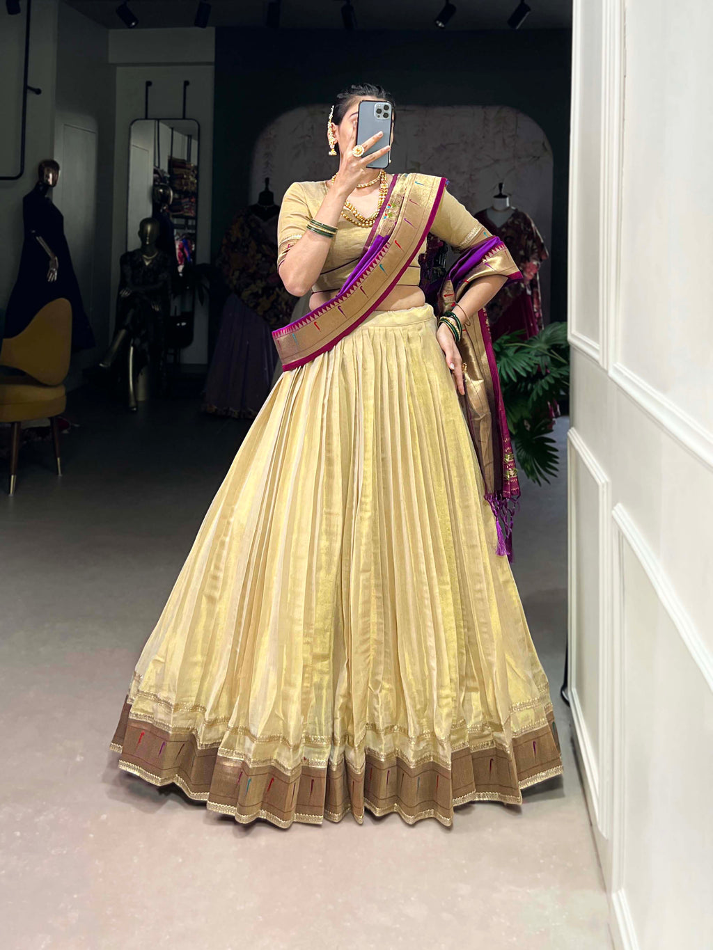 Lorenvalley Cream Erode Plain With Paithani Lace Border Lehenga Choli with Dupatta