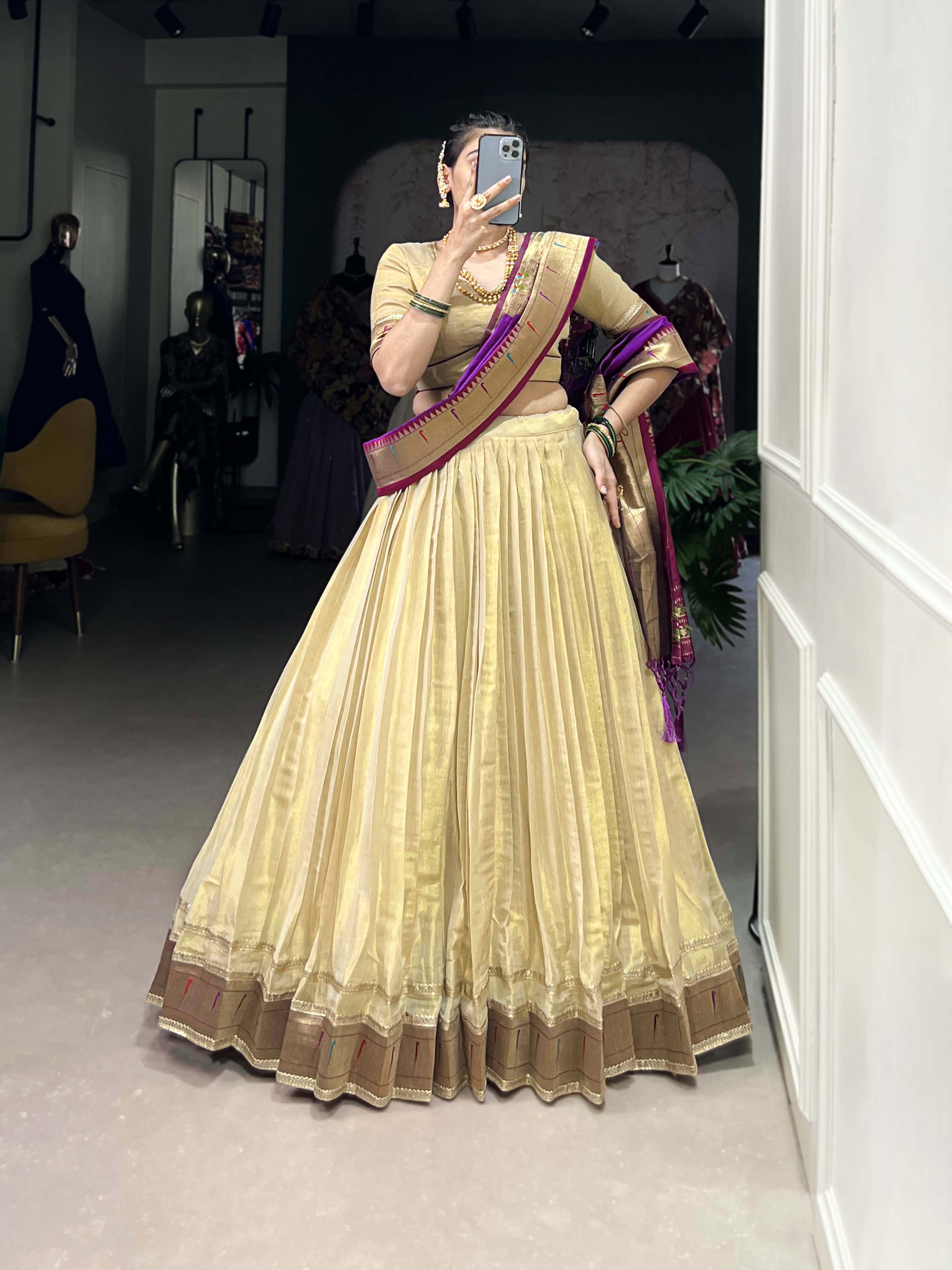 Lorenvalley Cream Erode Plain With Paithani Lace Border Lehenga Choli with Dupatta