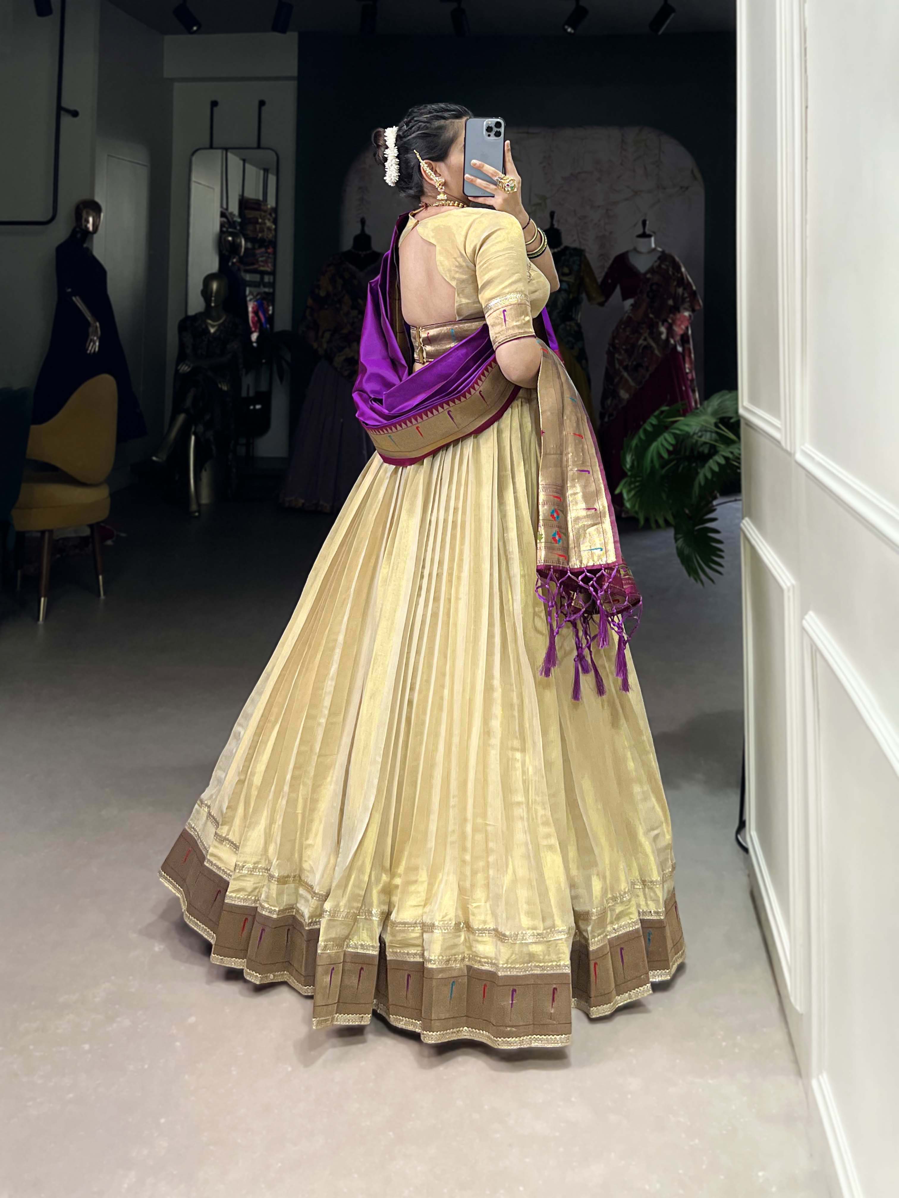 Lorenvalley Cream Erode Plain With Paithani Lace Border Lehenga Choli with Dupatta