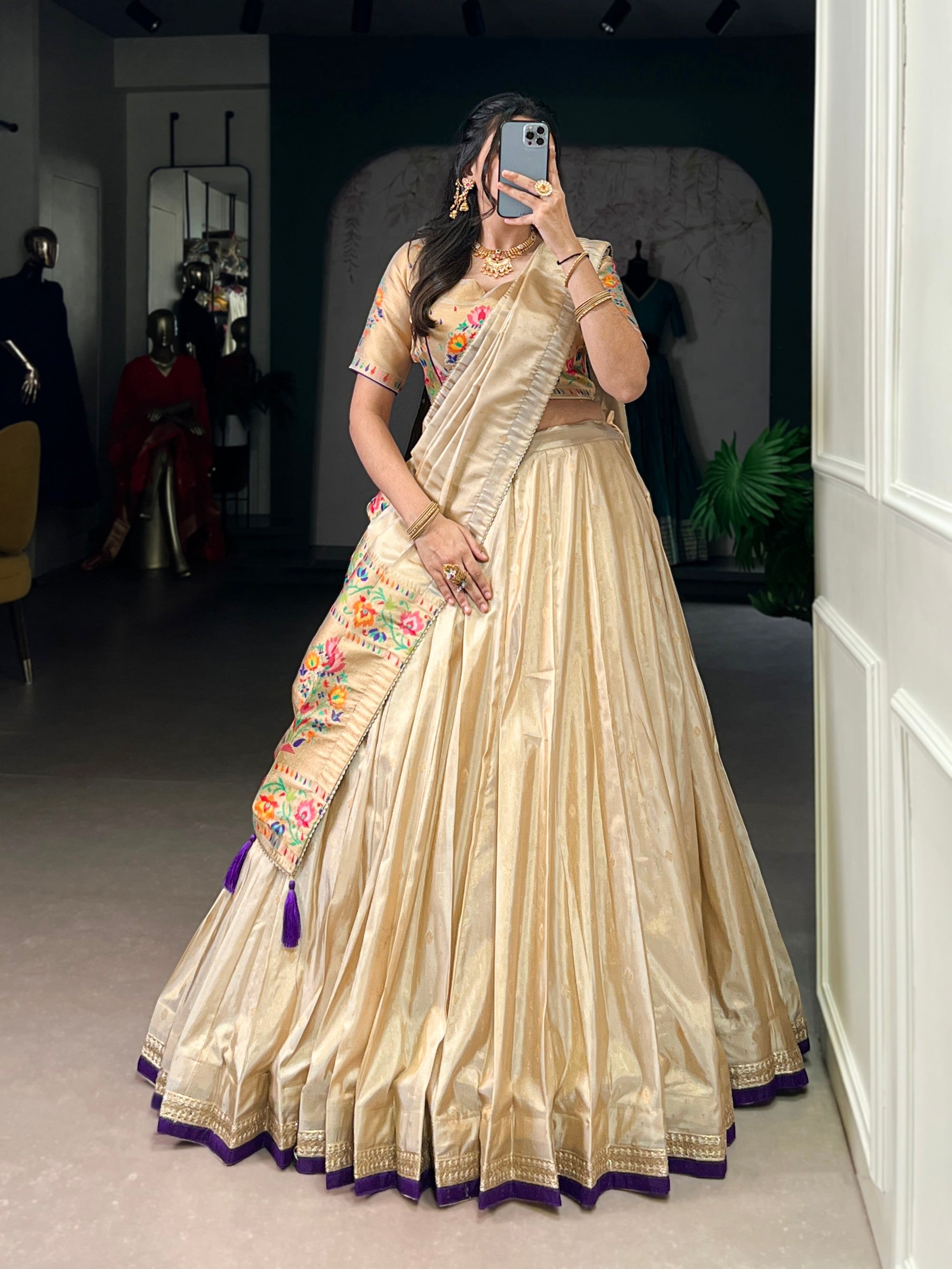 Lorenvalley Fashion Cream Shimmer Paithani Zari Weaving Work Lehenga Choli with Dupatta - Distacart