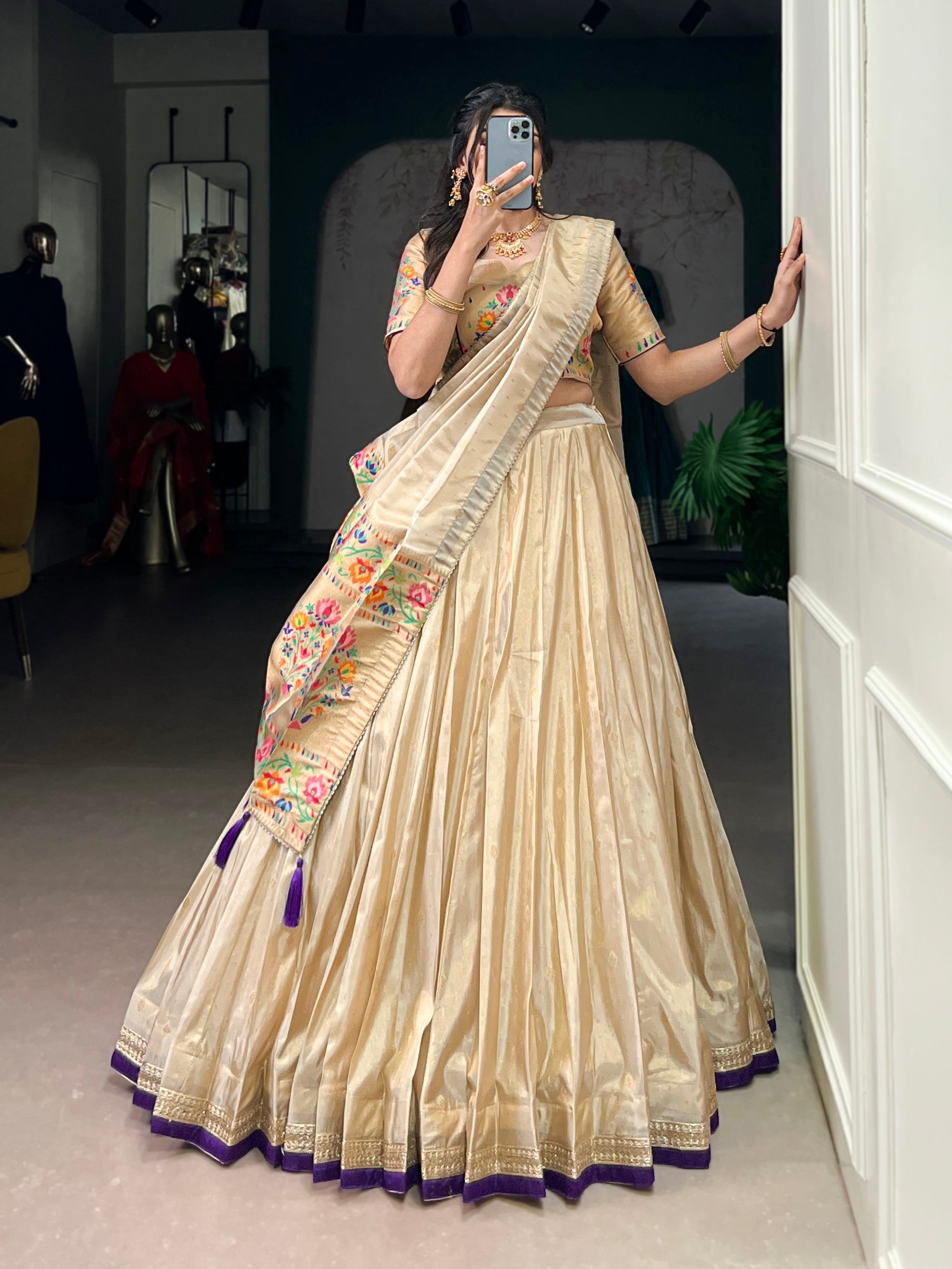 Lorenvalley Fashion Cream Shimmer Paithani Zari Weaving Work Lehenga Choli with Dupatta - Distacart
