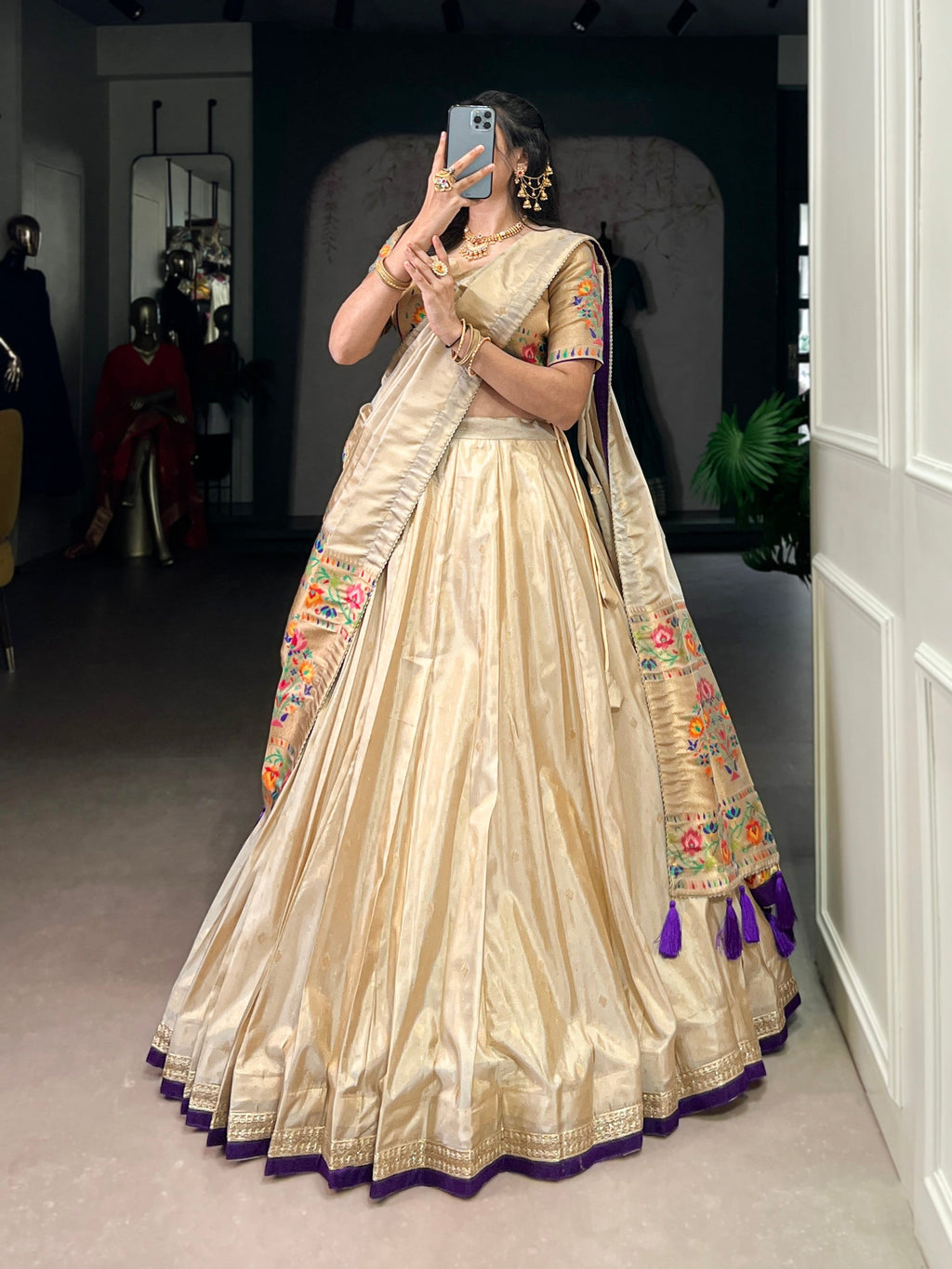 Lorenvalley Fashion Cream Shimmer Paithani Zari Weaving Work Lehenga Choli with Dupatta - Distacart