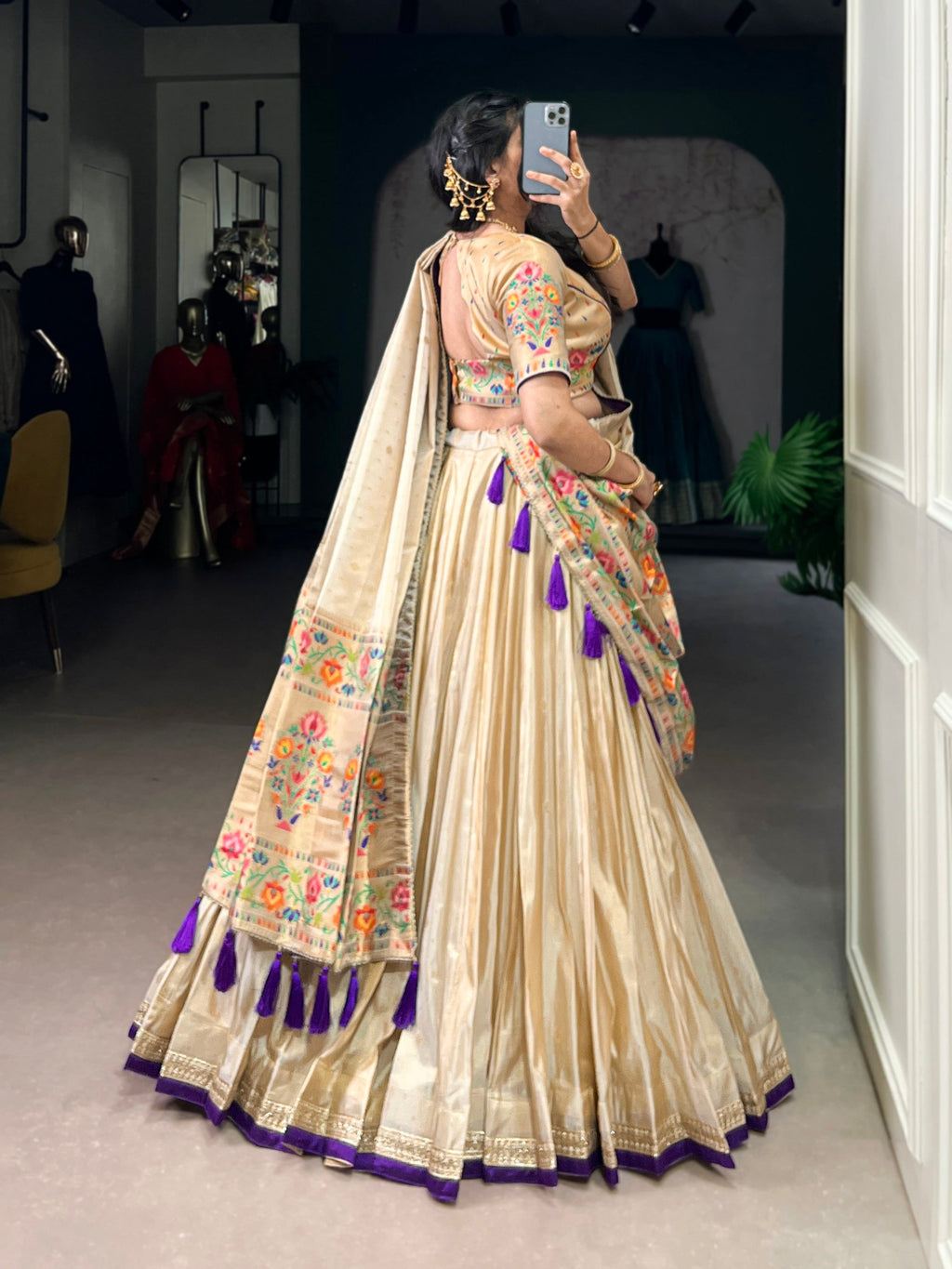 Lorenvalley Fashion Cream Shimmer Paithani Zari Weaving Work Lehenga Choli with Dupatta - Distacart