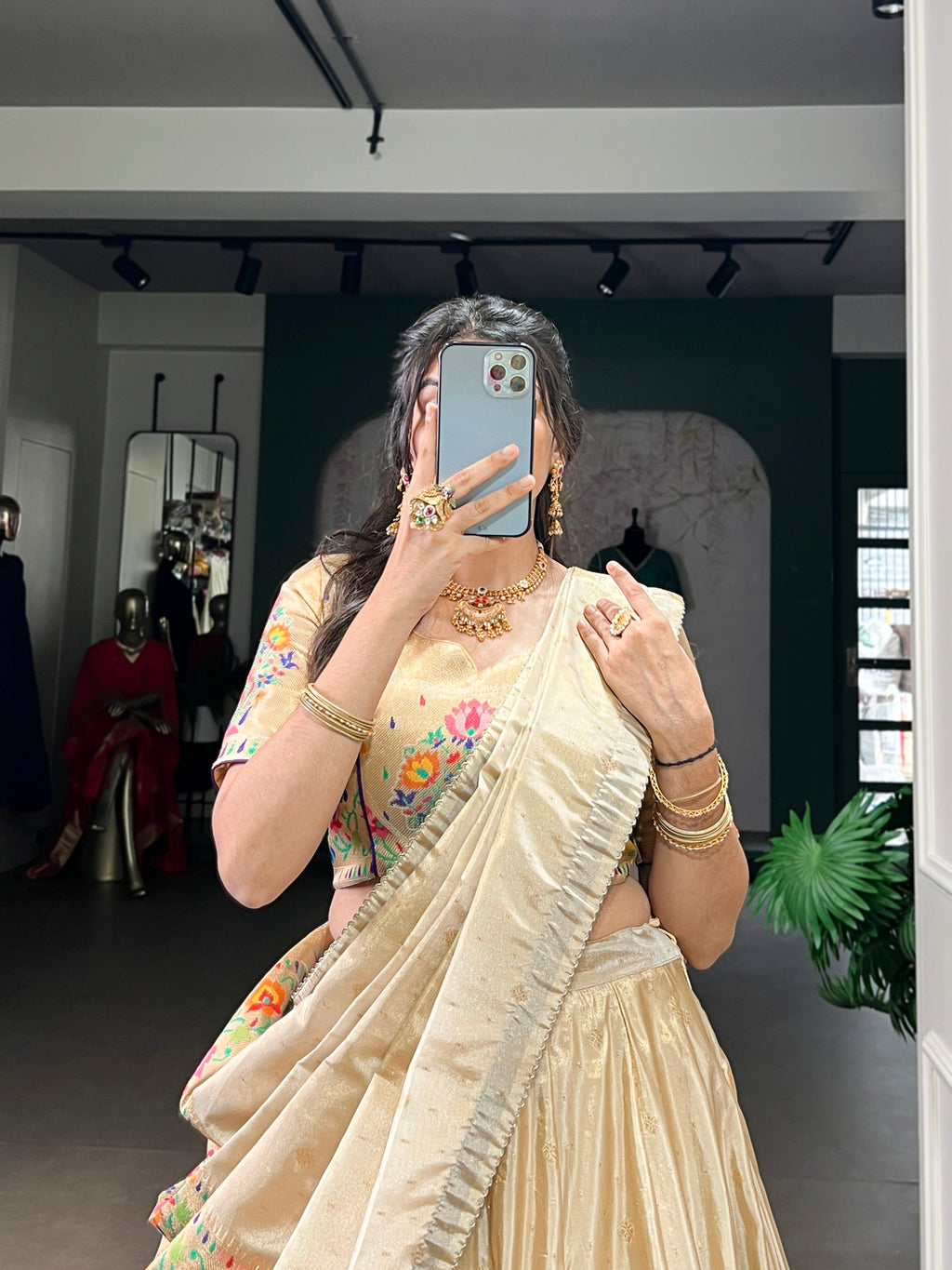 Lorenvalley Fashion Cream Shimmer Paithani Zari Weaving Work Lehenga Choli with Dupatta - Distacart