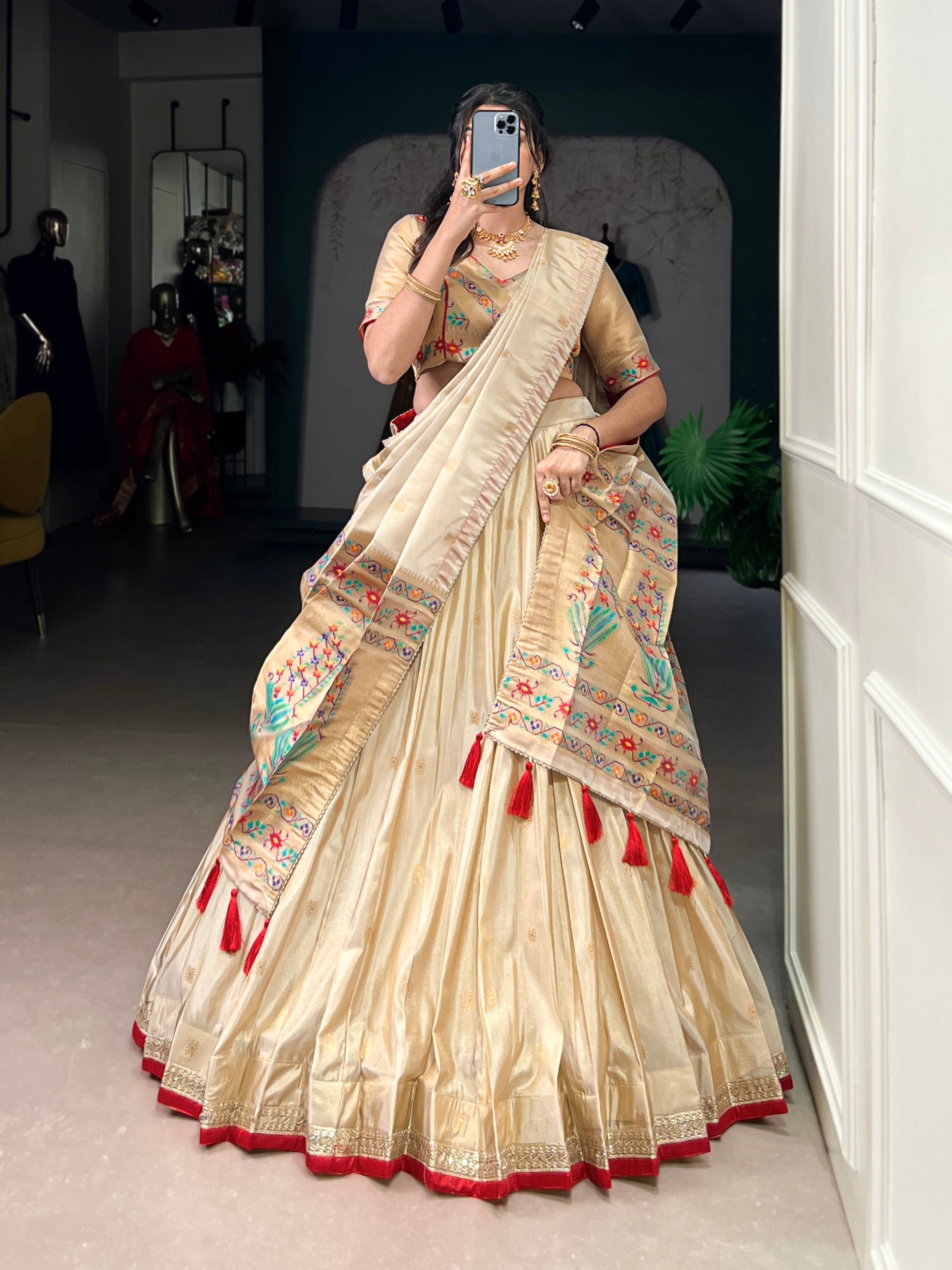 Lorenvalley Fashion Cream Shimmer Paithani Zari Weaving Work Lehenga Choli with Dupatta - Distacart