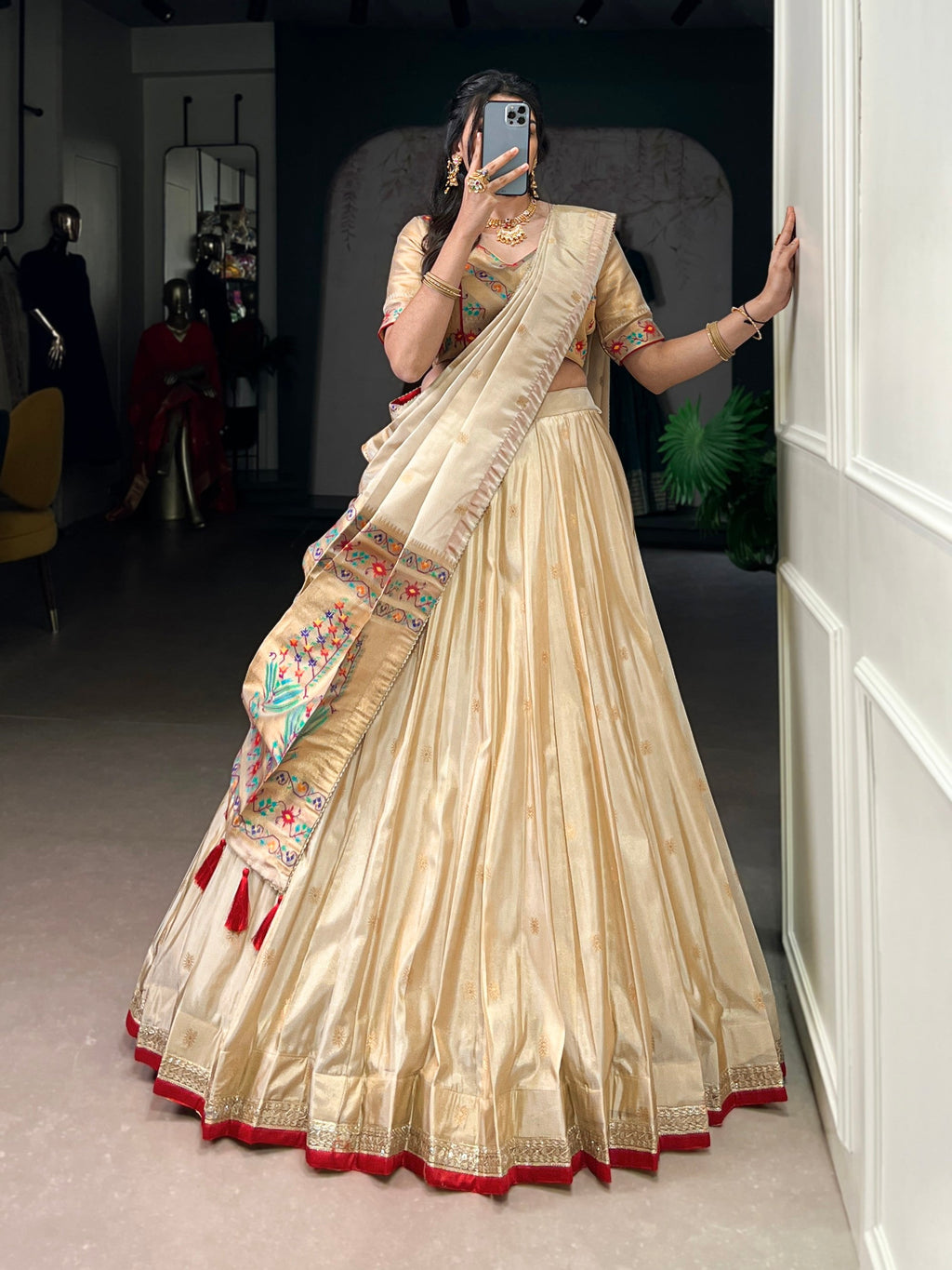 Lorenvalley Fashion Cream Shimmer Paithani Zari Weaving Work Lehenga Choli with Dupatta - Distacart