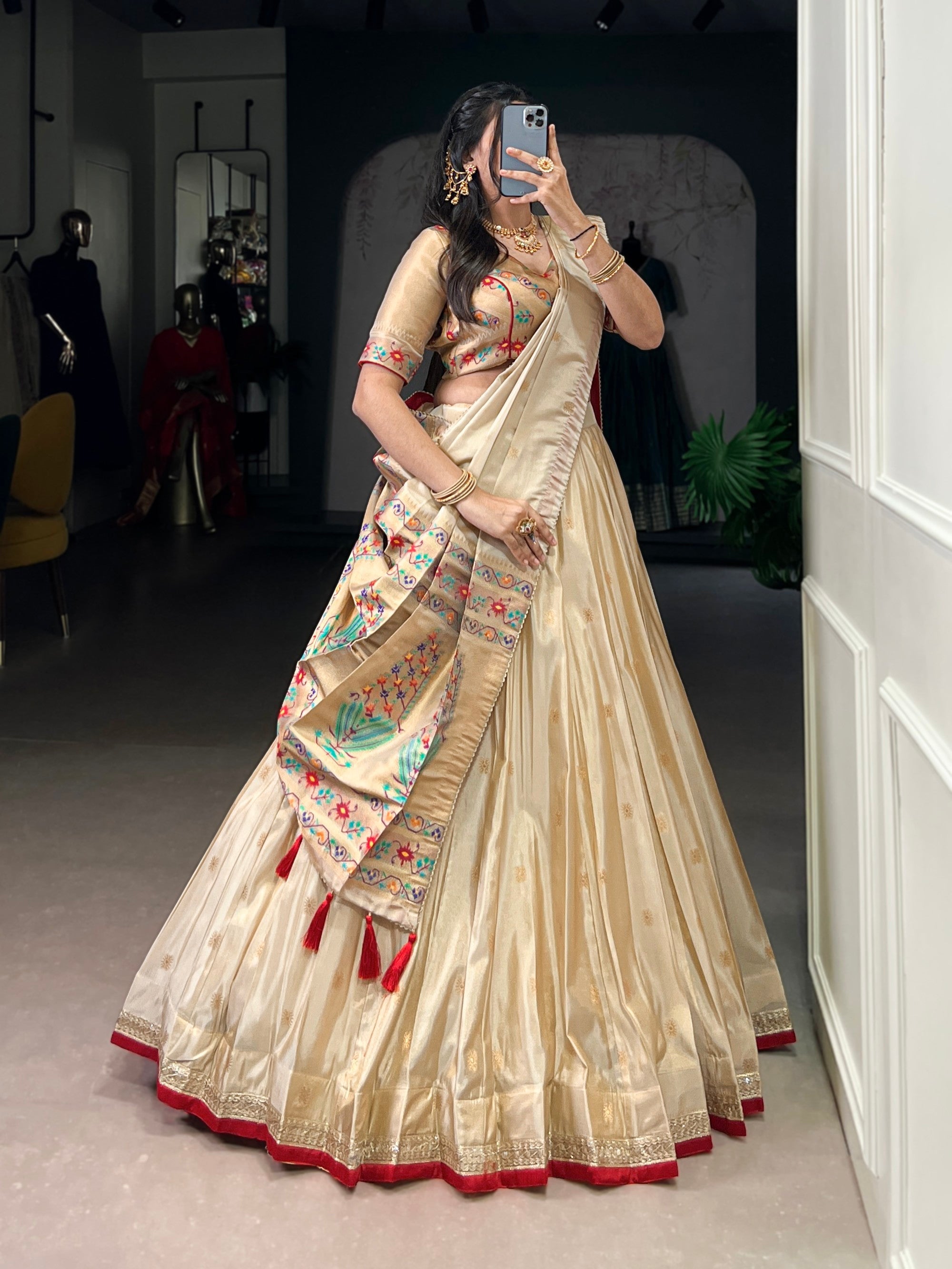 Lorenvalley Fashion Cream Shimmer Paithani Zari Weaving Work Lehenga Choli with Dupatta - Distacart