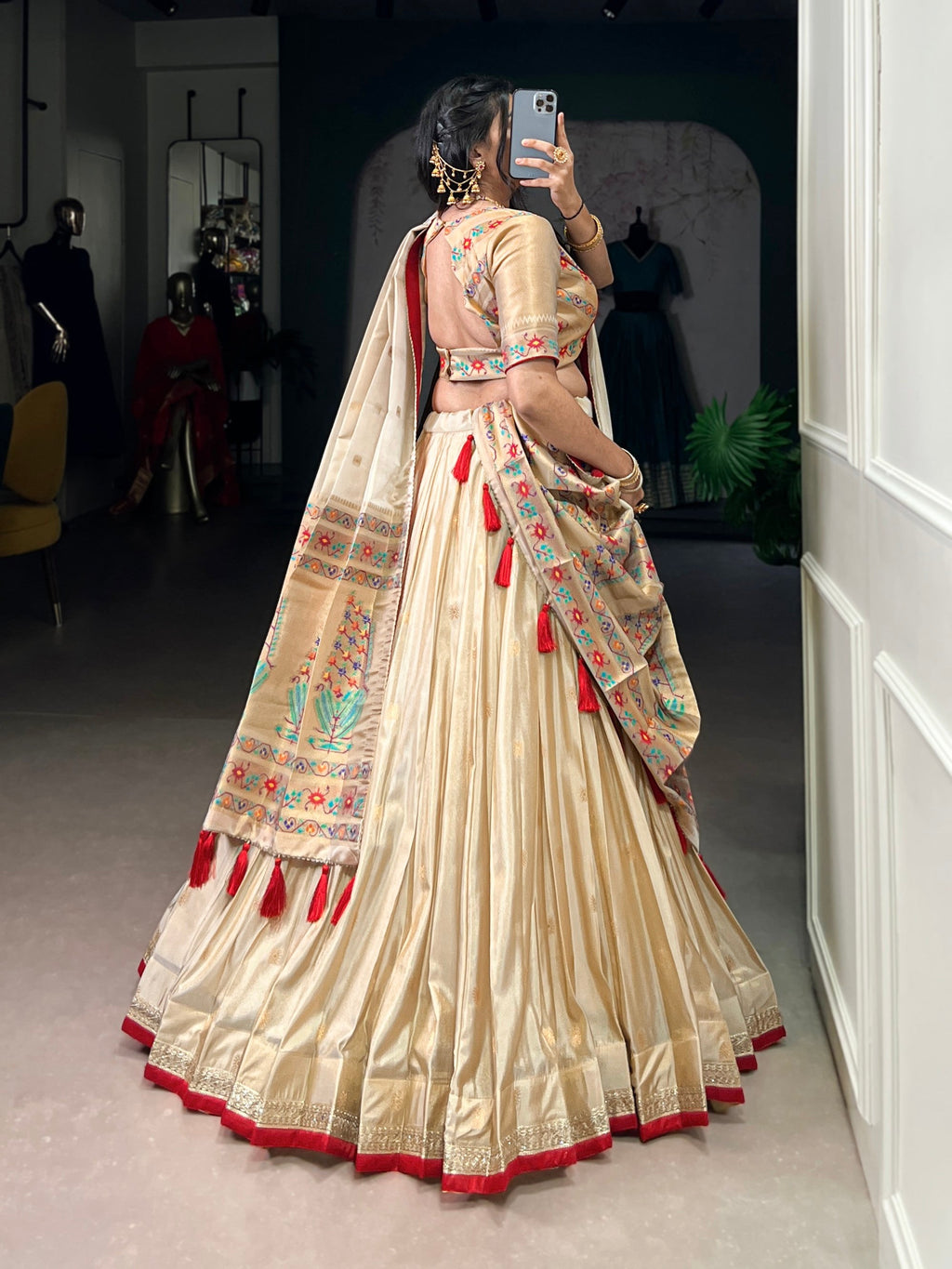 Lorenvalley Fashion Cream Shimmer Paithani Zari Weaving Work Lehenga Choli with Dupatta - Distacart