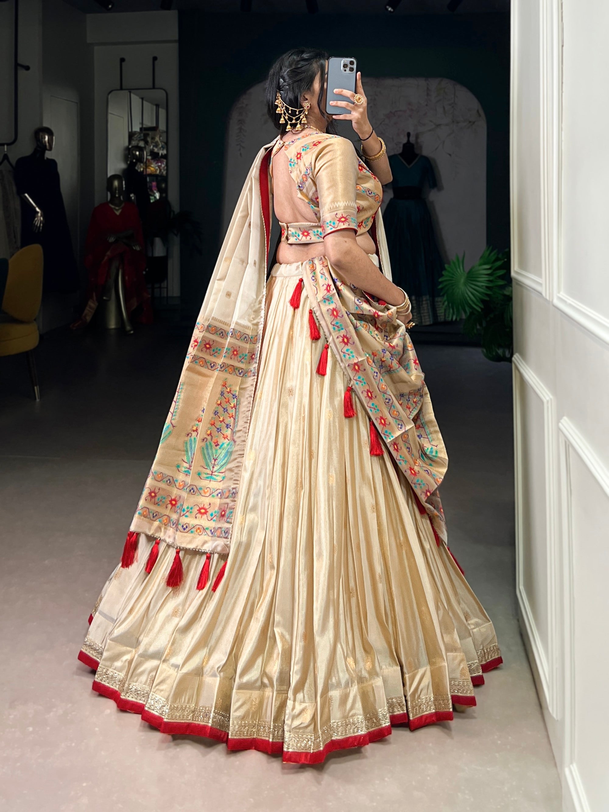 Lorenvalley Fashion Cream Shimmer Paithani Zari Weaving Work Lehenga Choli with Dupatta - Distacart