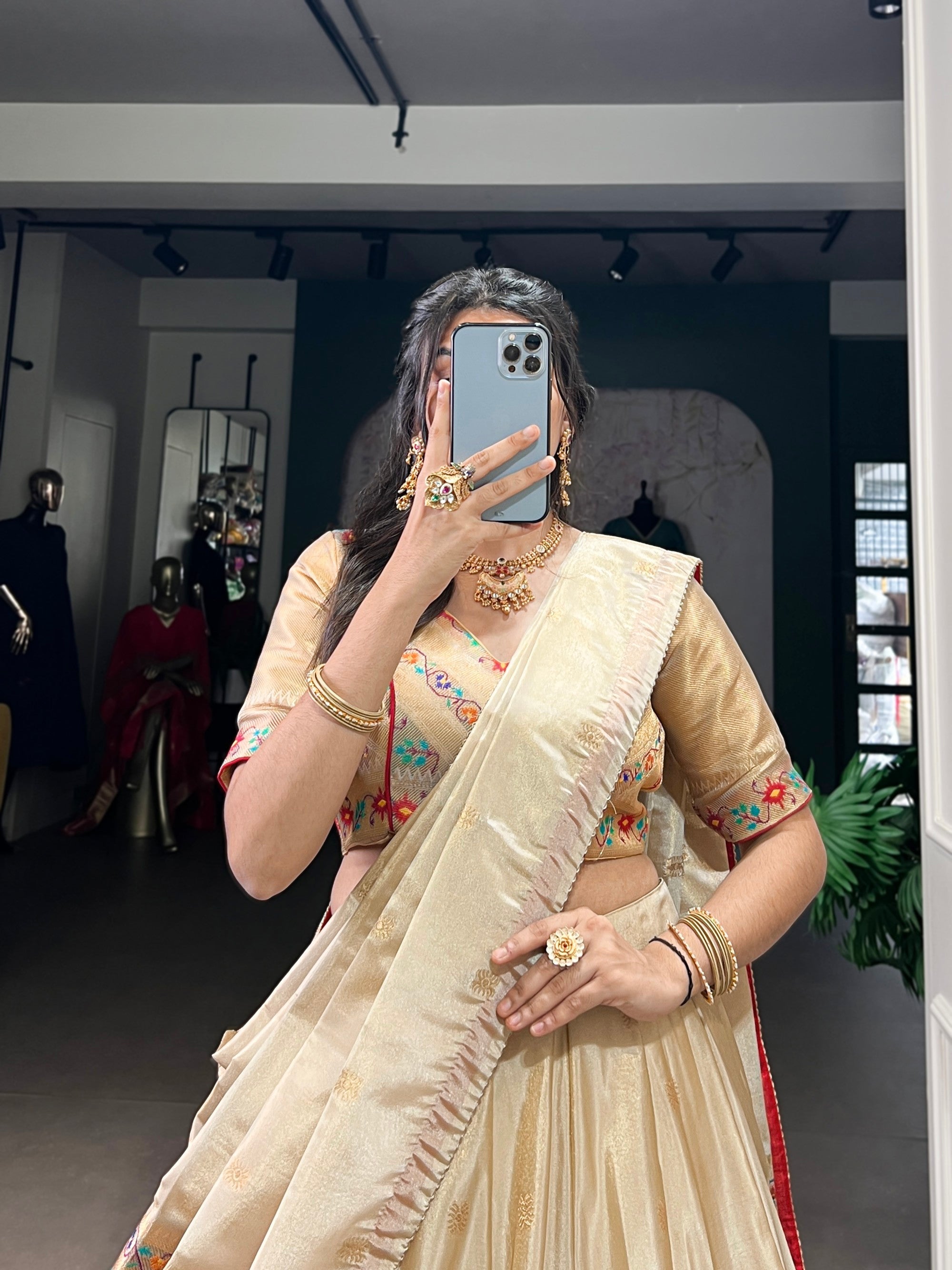 Lorenvalley Fashion Cream Shimmer Paithani Zari Weaving Work Lehenga Choli with Dupatta - Distacart