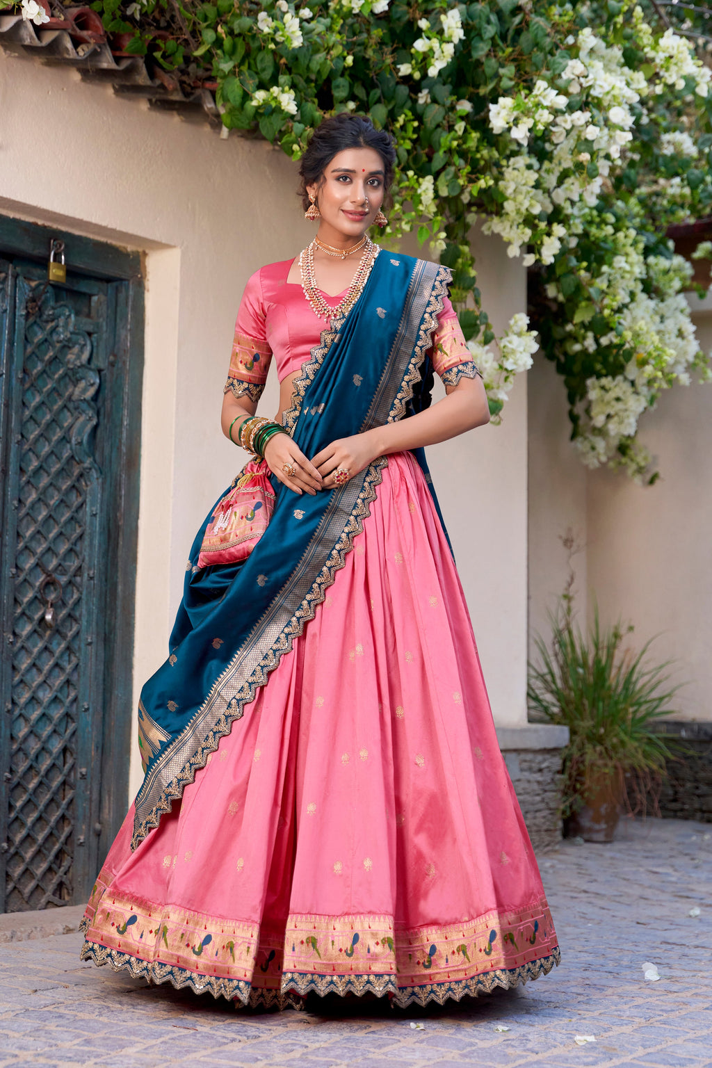 Lorenvalley Light Pink Jacquard Silk Paithani Zari Weaving Work With Sequins and Thread Embroidery Scallop Lace Border Lehenga Choli with Dupatta