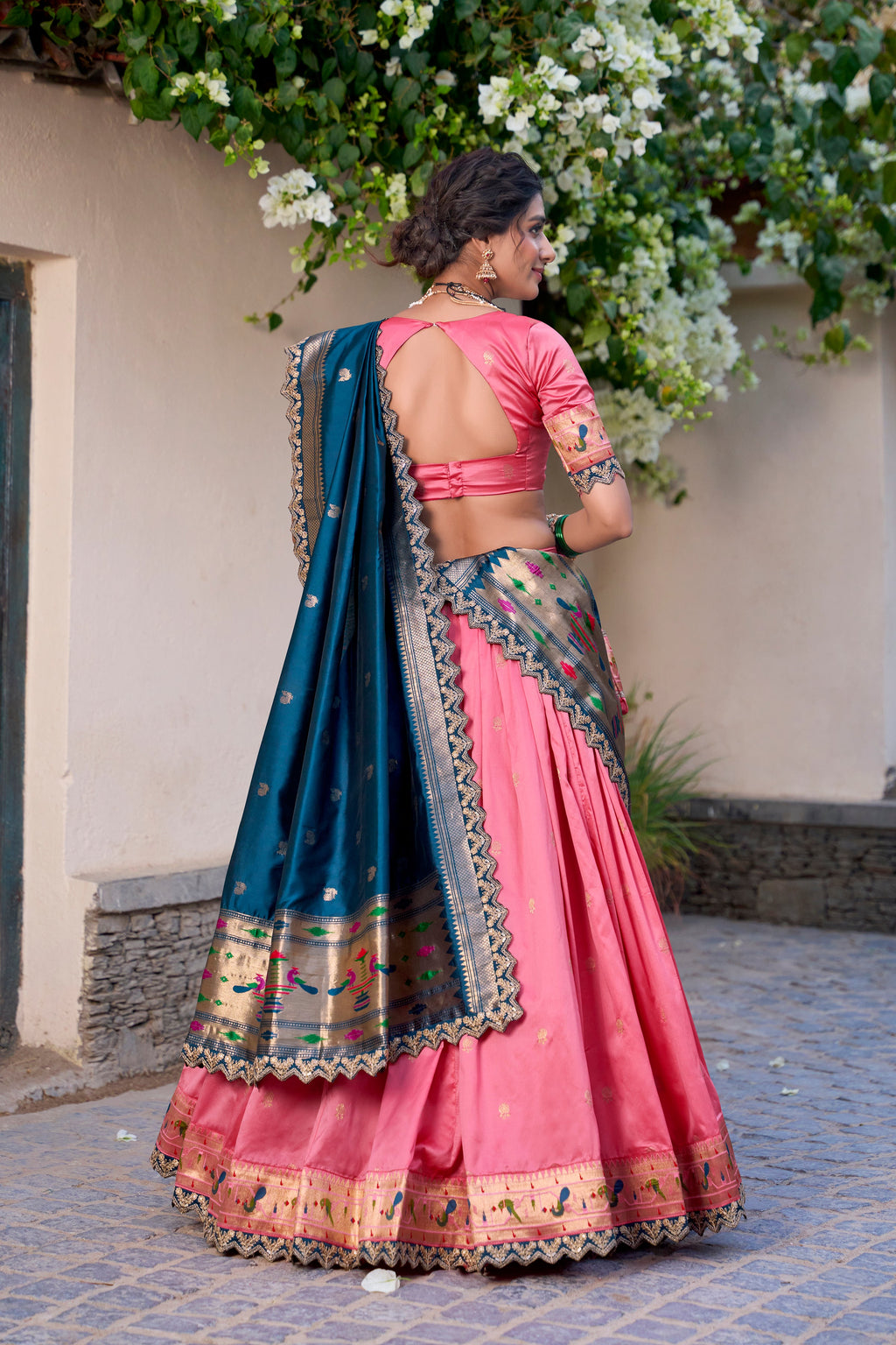 Lorenvalley Light Pink Jacquard Silk Paithani Zari Weaving Work With Sequins and Thread Embroidery Scallop Lace Border Lehenga Choli with Dupatta