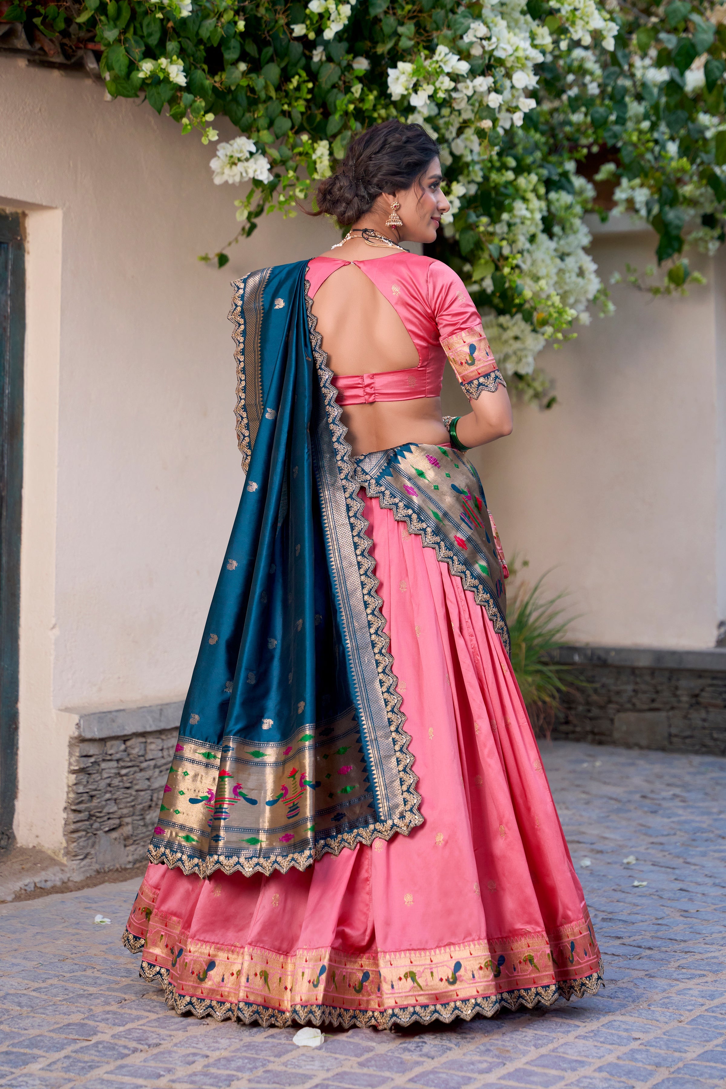 Lorenvalley Light Pink Jacquard Silk Paithani Zari Weaving Work With Sequins and Thread Embroidery Scallop Lace Border Lehenga Choli with Dupatta