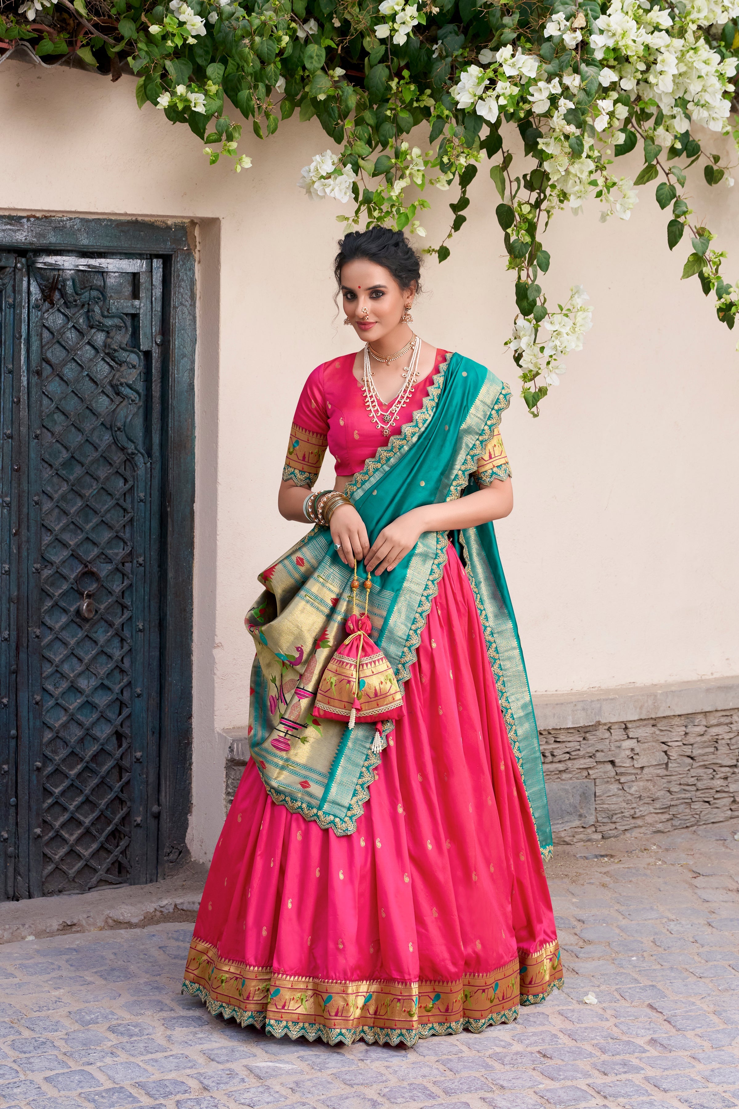 Lorenvalley Pink Jacquard Silk Paithani Zari Weaving Work With Sequins and Thread Embroidery Scallop Lace Border Lehenga Choli with Dupatta