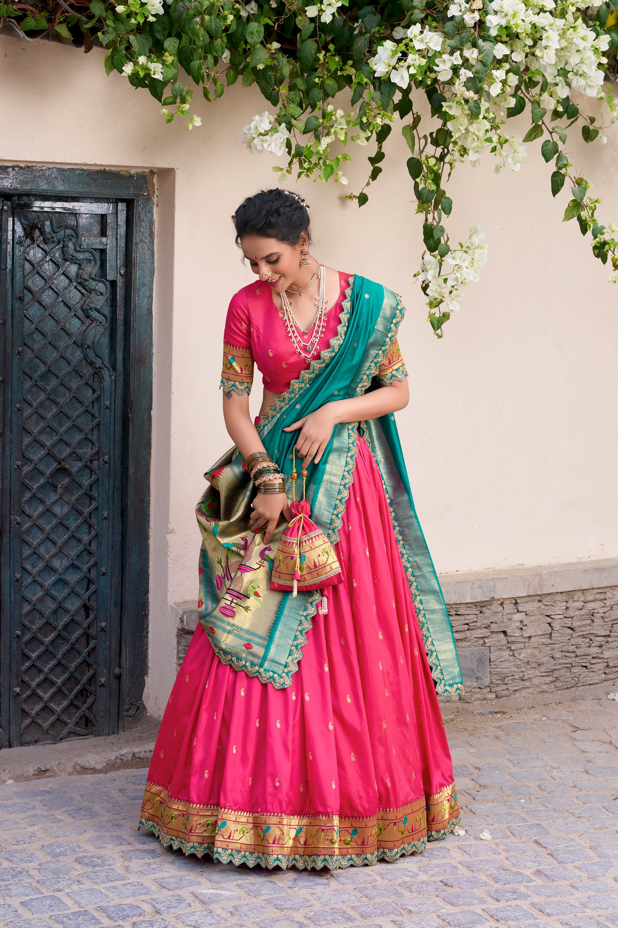 Lorenvalley Pink Jacquard Silk Paithani Zari Weaving Work With Sequins and Thread Embroidery Scallop Lace Border Lehenga Choli with Dupatta