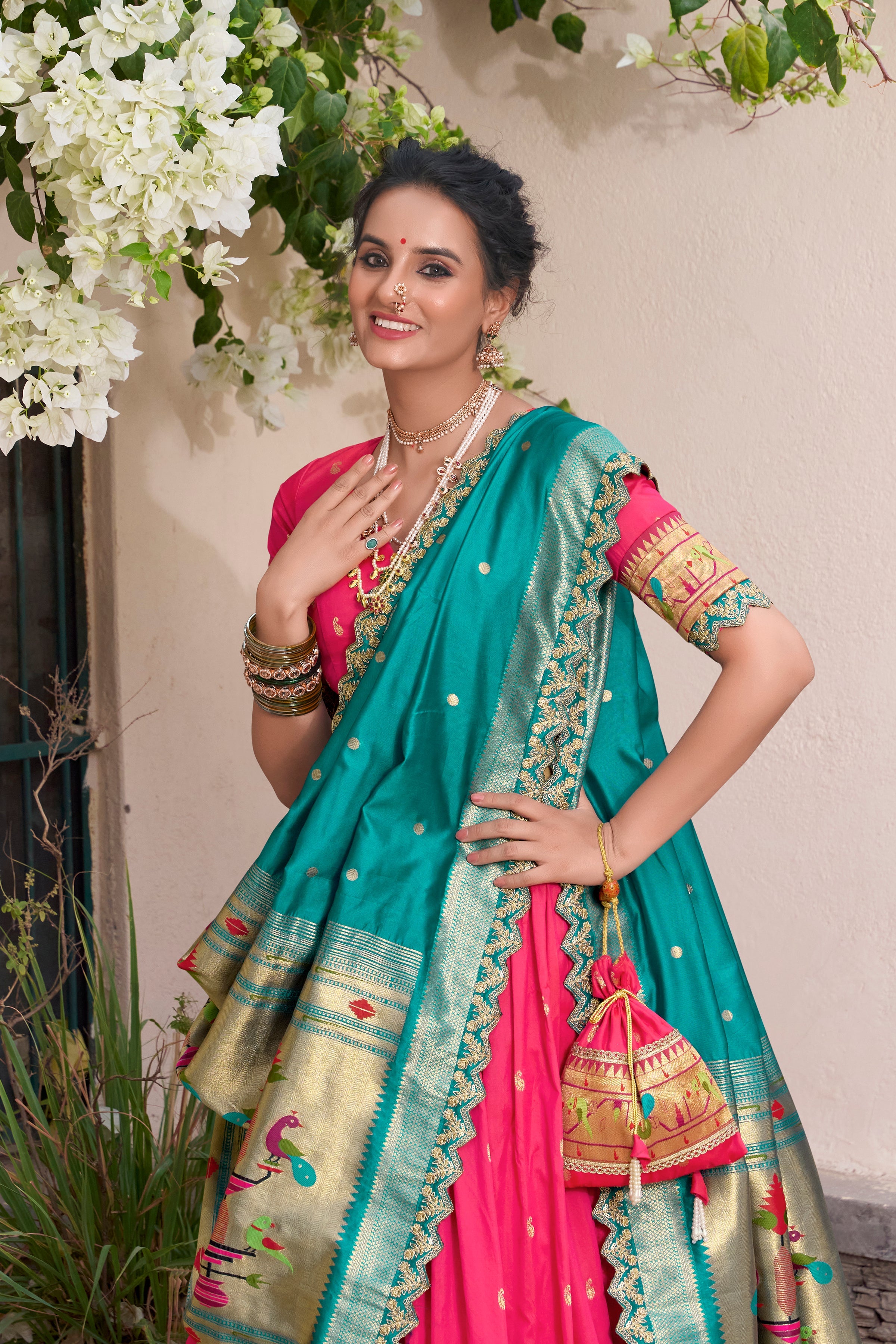 Lorenvalley Pink Jacquard Silk Paithani Zari Weaving Work With Sequins and Thread Embroidery Scallop Lace Border Lehenga Choli with Dupatta