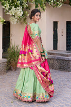 Lorenvalley Pista Jacquard Silk Paithani Zari Weaving Work With Sequins and Thread Embroidery Scallop Lace Border Lehenga Choli with Dupatta