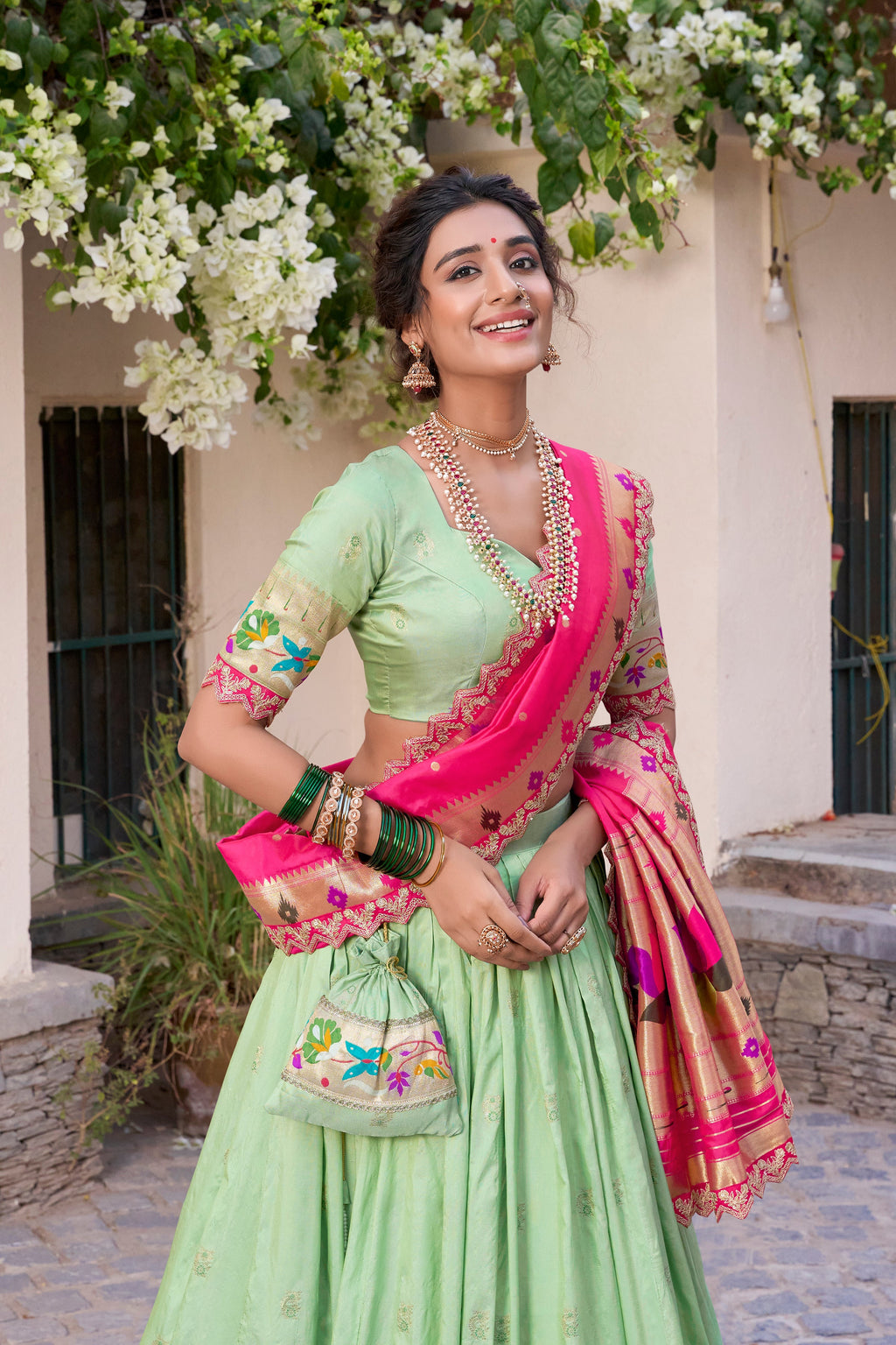 Lorenvalley Pista Jacquard Silk Paithani Zari Weaving Work With Sequins and Thread Embroidery Scallop Lace Border Lehenga Choli with Dupatta