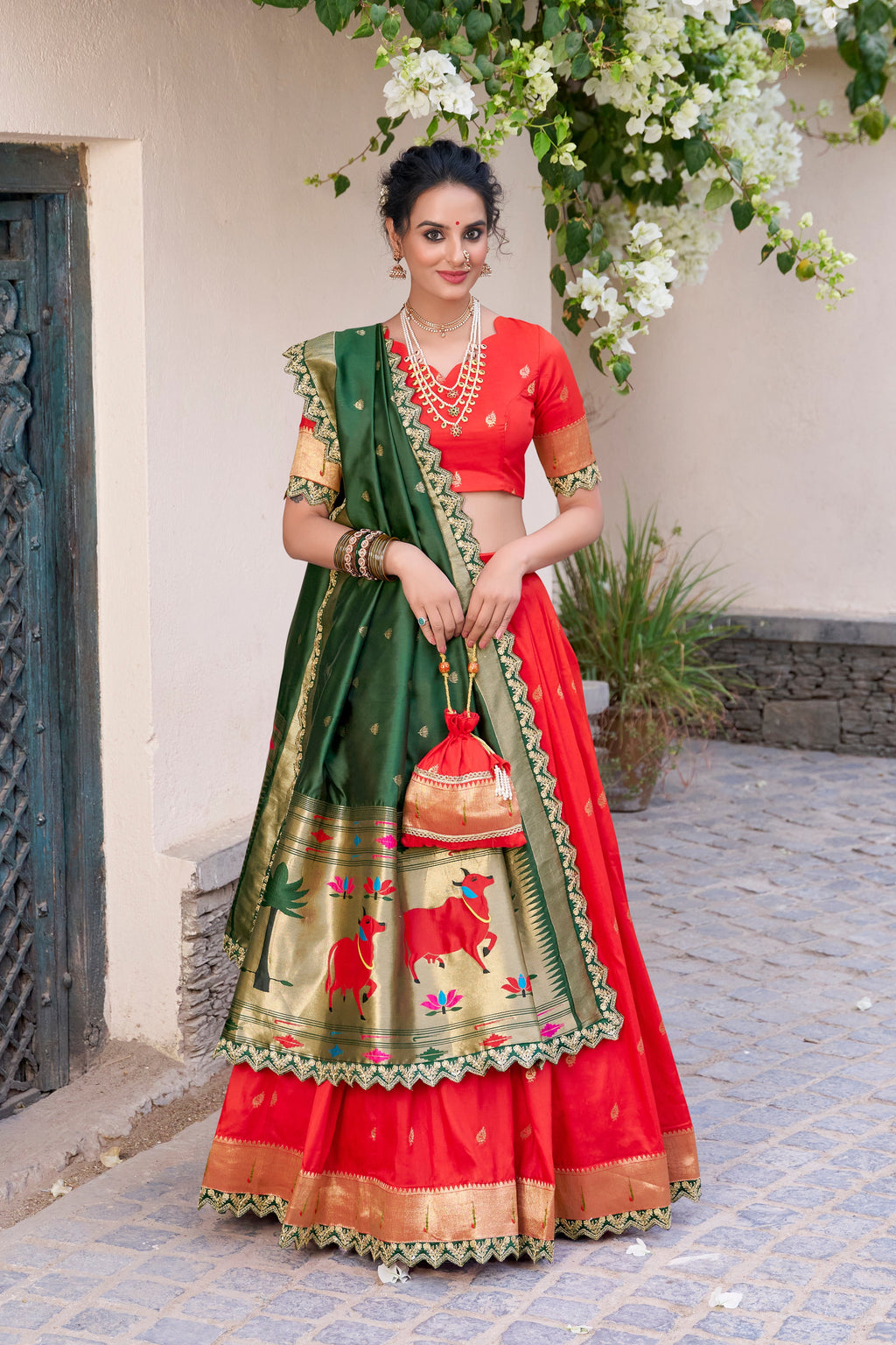 Lorenvalley Red Jacquard Silk Paithani Zari Weaving Work With Sequins and Thread Embroidery Scallop Lace Border Lehenga Choli with Dupatta