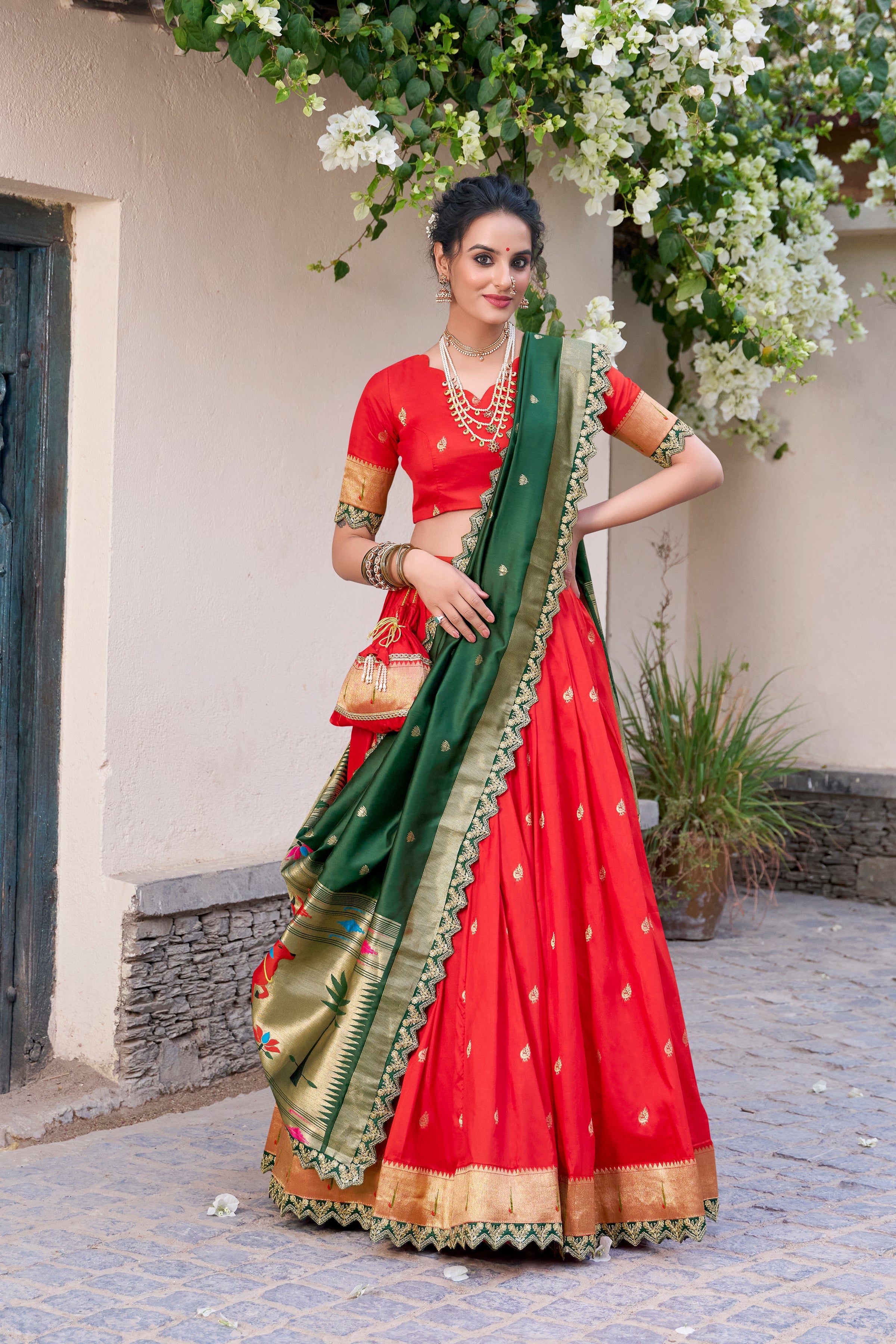 Lorenvalley Red Jacquard Silk Paithani Zari Weaving Work With Sequins and Thread Embroidery Scallop Lace Border Lehenga Choli with Dupatta