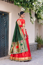 Lorenvalley Red Jacquard Silk Paithani Zari Weaving Work With Sequins and Thread Embroidery Scallop Lace Border Lehenga Choli with Dupatta