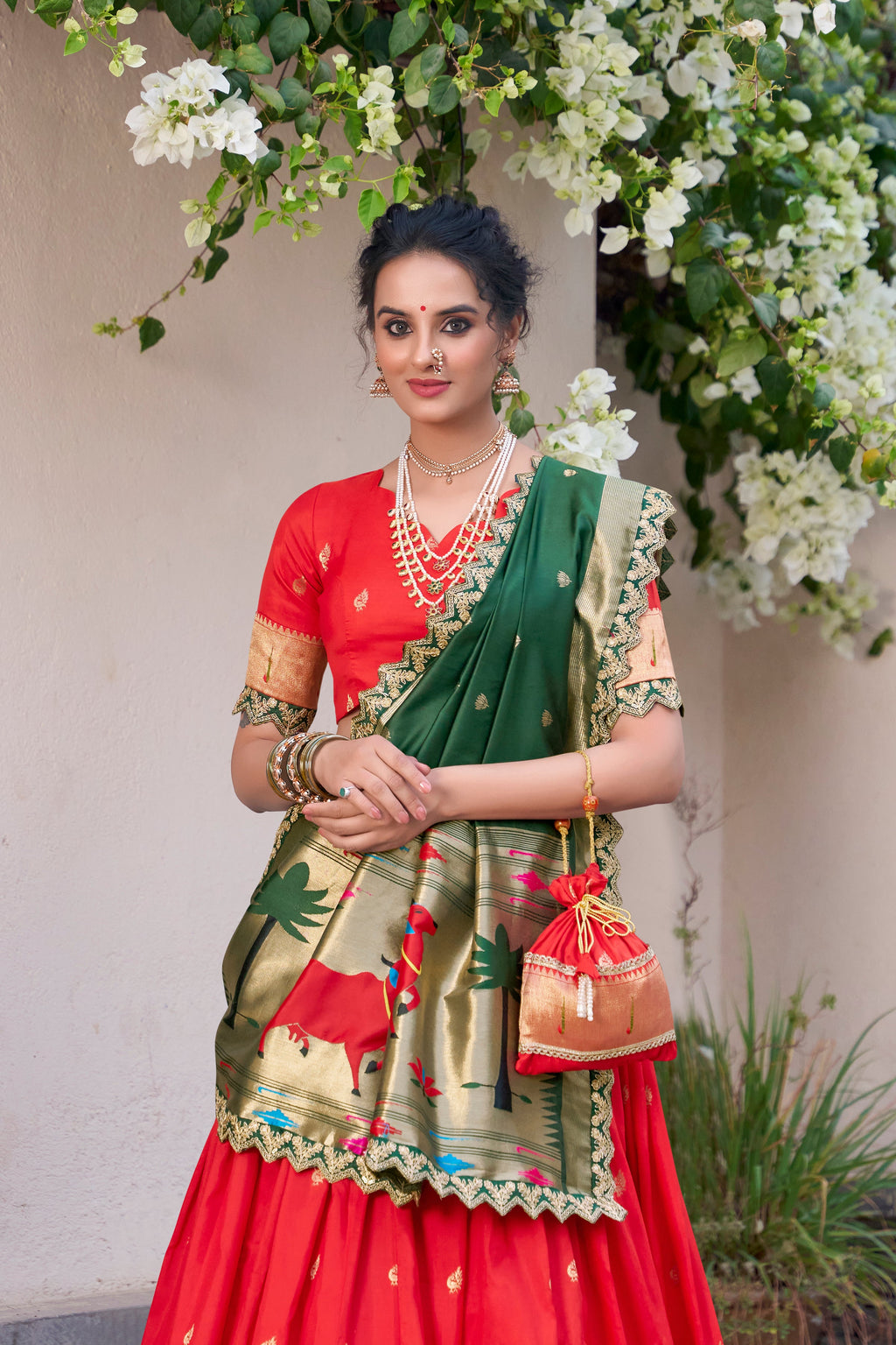 Lorenvalley Red Jacquard Silk Paithani Zari Weaving Work With Sequins and Thread Embroidery Scallop Lace Border Lehenga Choli with Dupatta