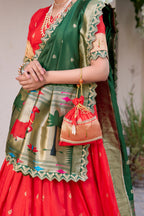 Lorenvalley Red Jacquard Silk Paithani Zari Weaving Work With Sequins and Thread Embroidery Scallop Lace Border Lehenga Choli with Dupatta
