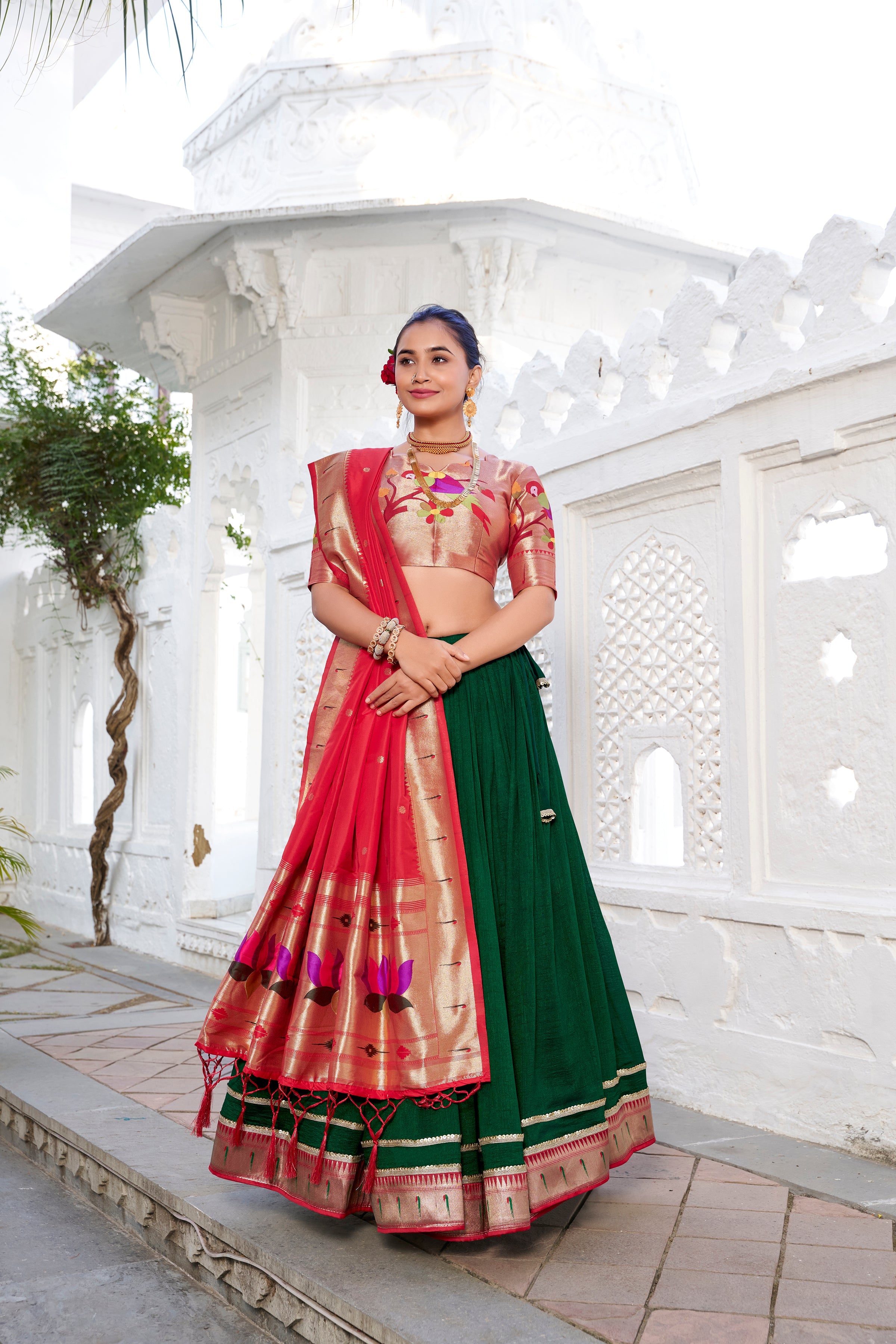 Lorenvalley Green Vichitra Silk Plain with Paithani lace border Lehenga Choli
