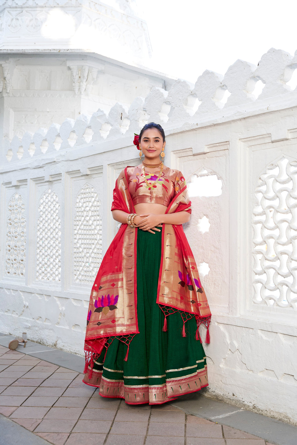 Lorenvalley Green Vichitra Silk Plain with Paithani lace border Lehenga Choli