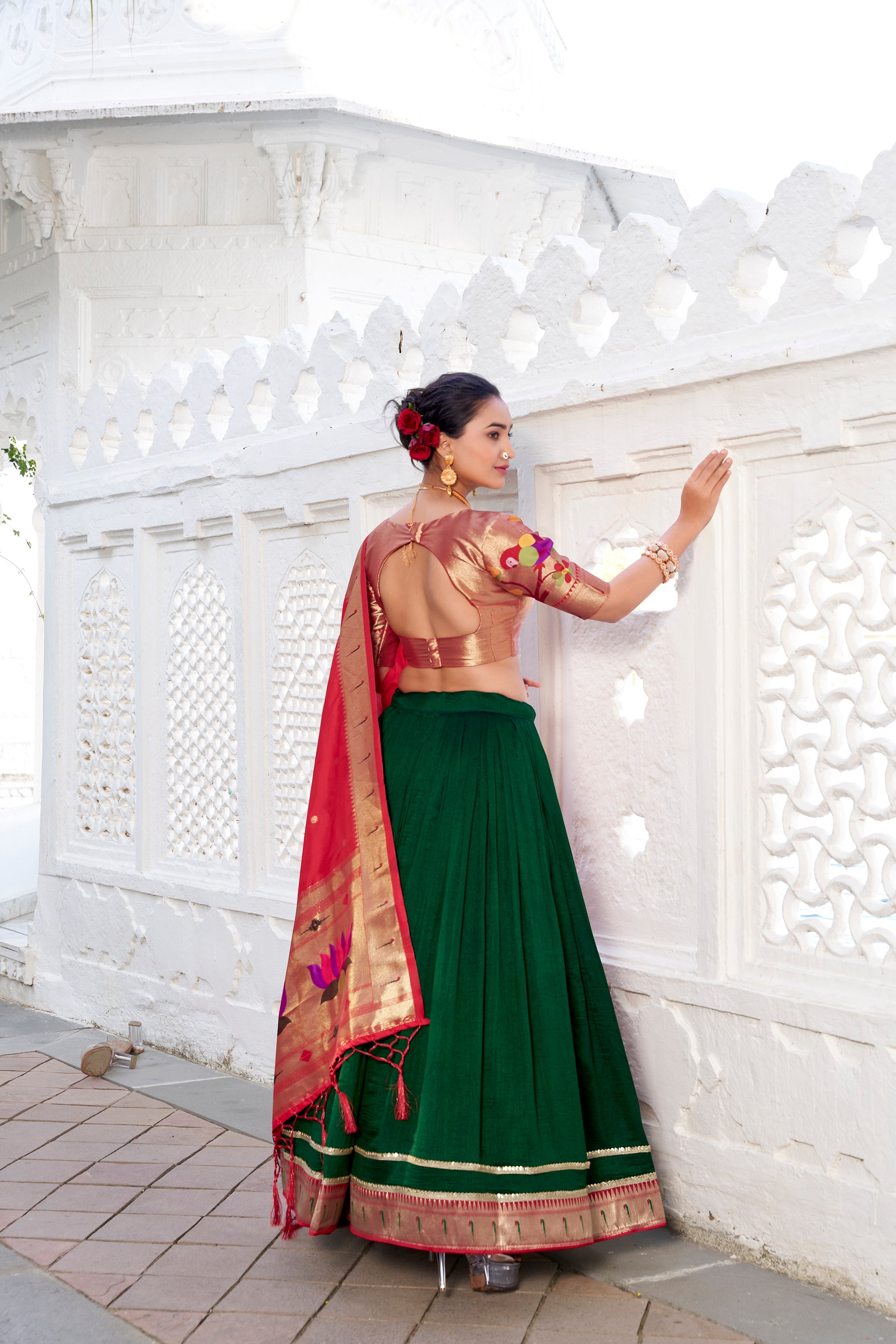 Lorenvalley Green Vichitra Silk Plain with Paithani lace border Lehenga Choli