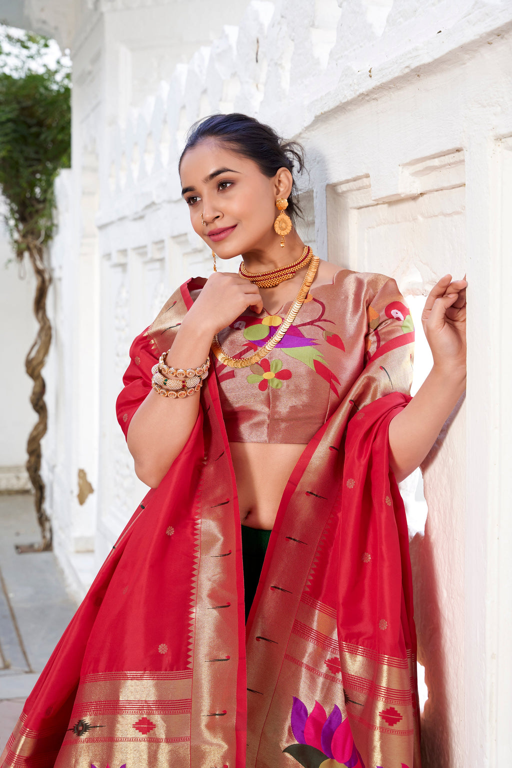 Lorenvalley Green Vichitra Silk Plain with Paithani lace border Lehenga Choli