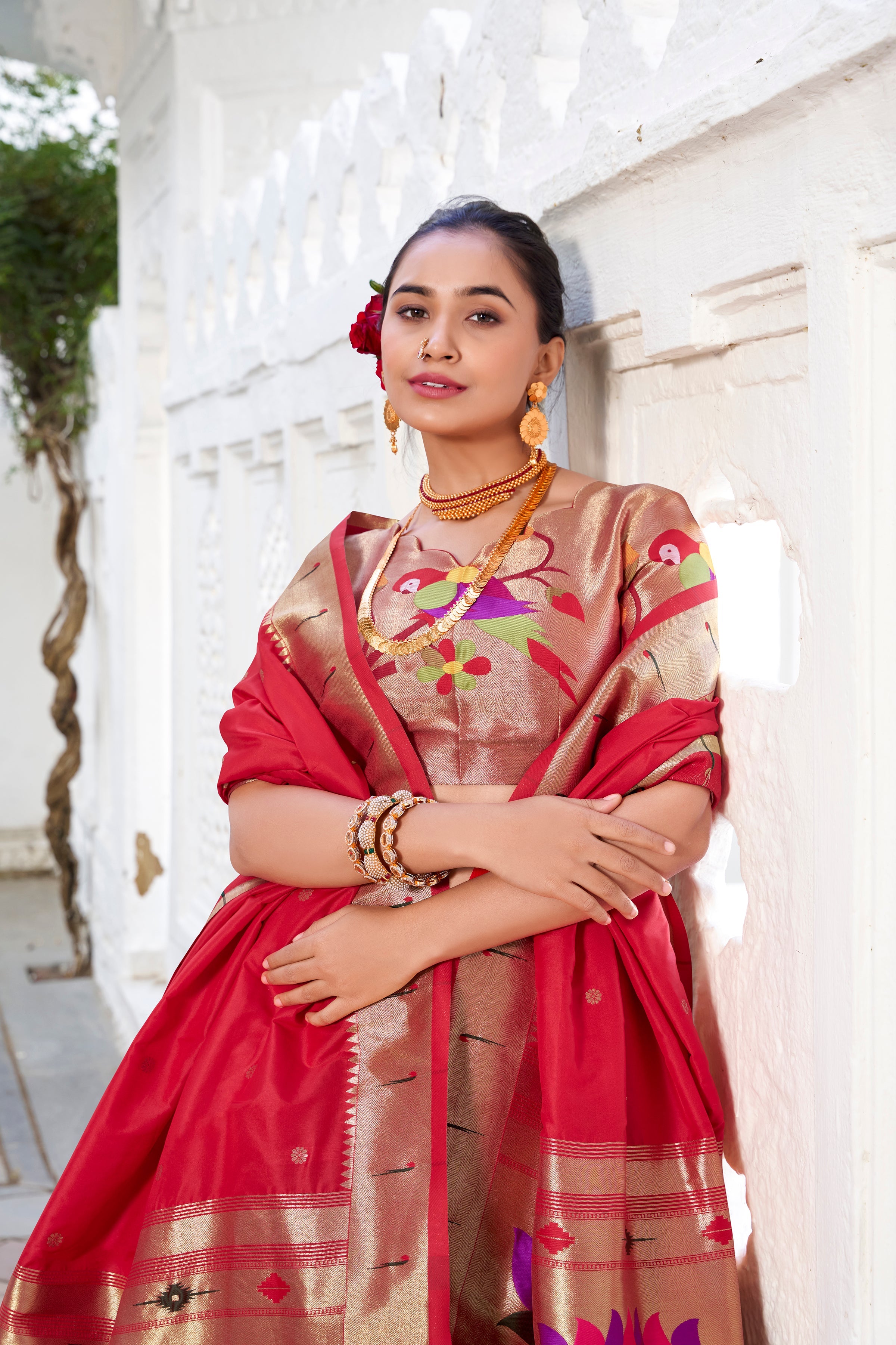 Lorenvalley Green Vichitra Silk Plain with Paithani lace border Lehenga Choli