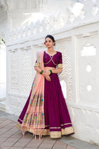 Lorenvalley Green Vichitra Silk Plain with Paithani lace border Lehenga Choli