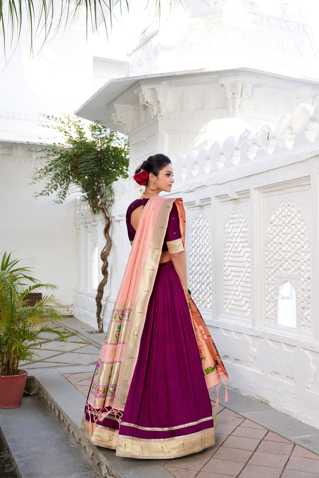 Lorenvalley Green Vichitra Silk Plain with Paithani lace border Lehenga Choli