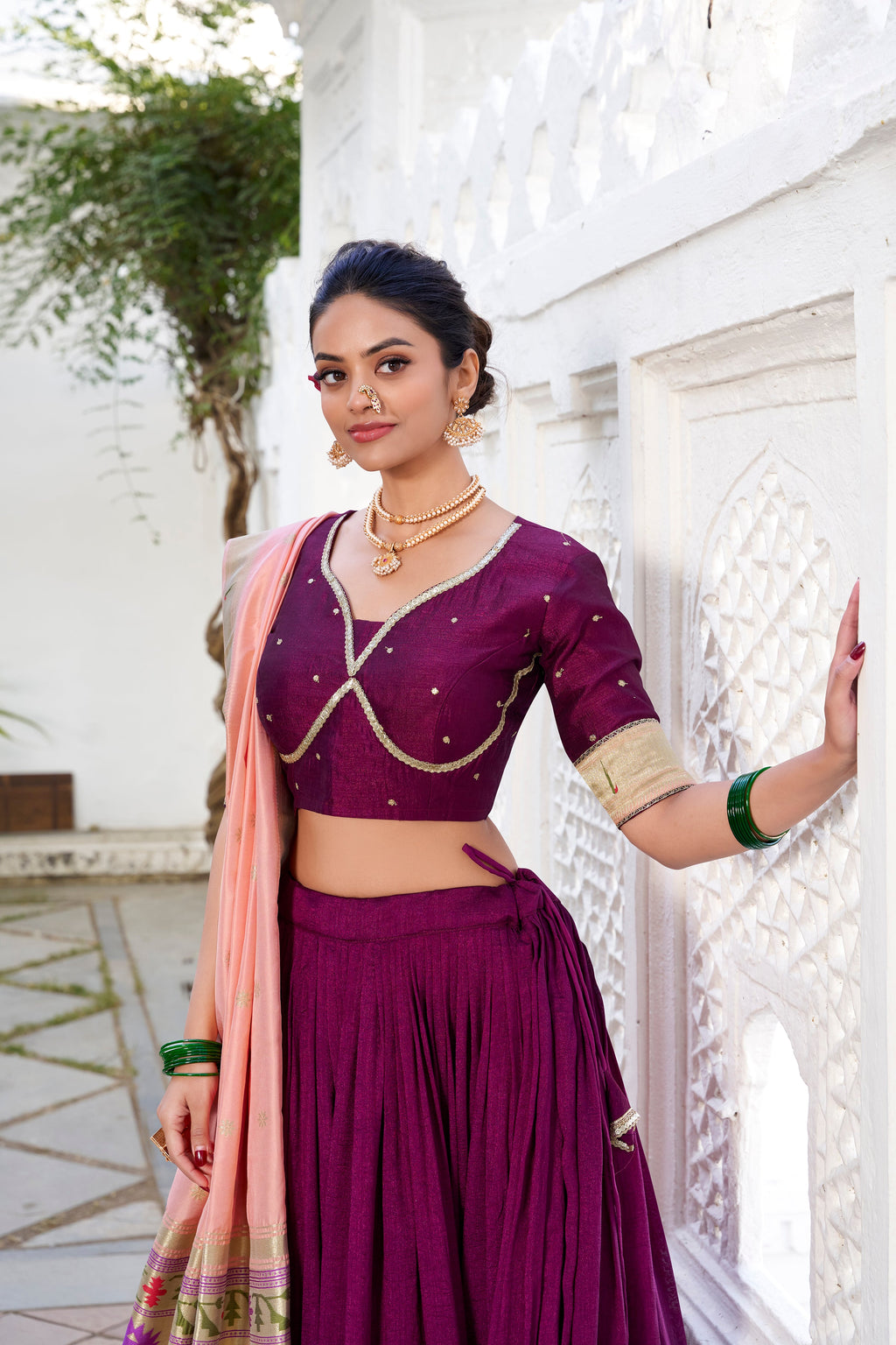 Lorenvalley Green Vichitra Silk Plain with Paithani lace border Lehenga Choli