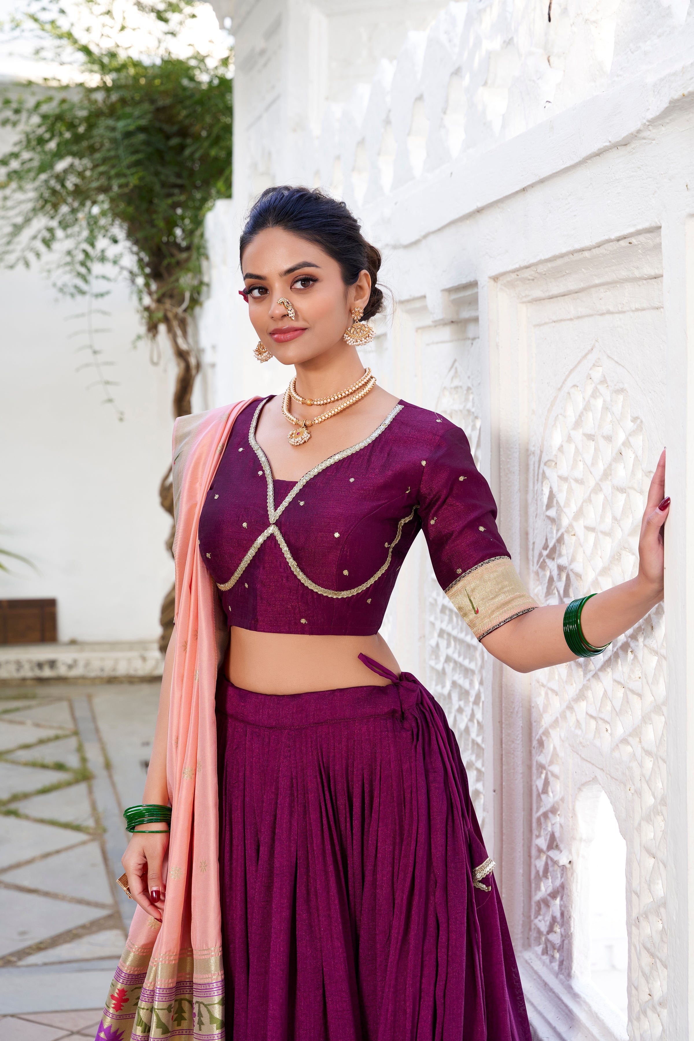 Lorenvalley Green Vichitra Silk Plain with Paithani lace border Lehenga Choli