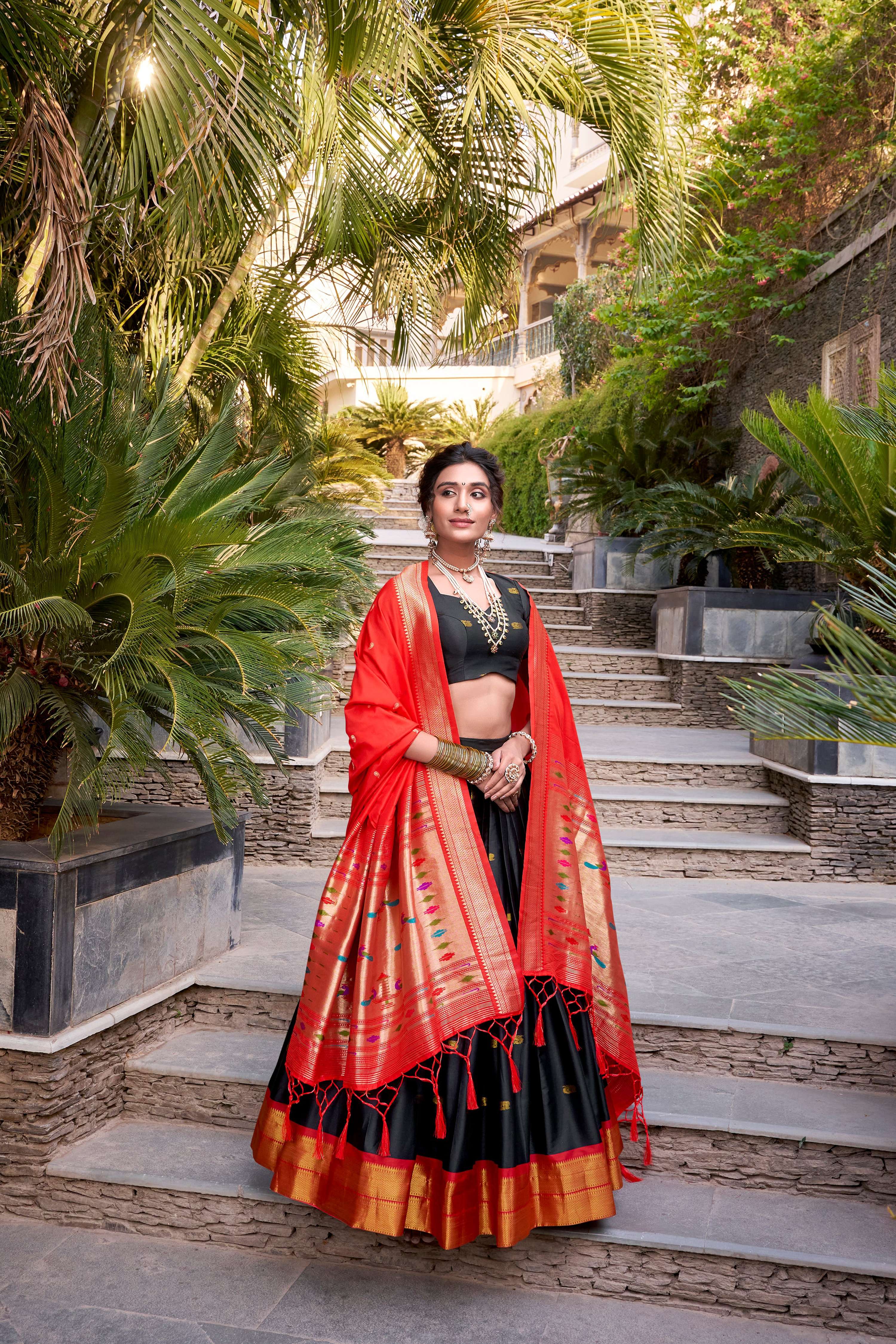 Lorenvalley Black Jacquard Silk Paithani Zari Weaving Work Lehenga Choli with Dupatta