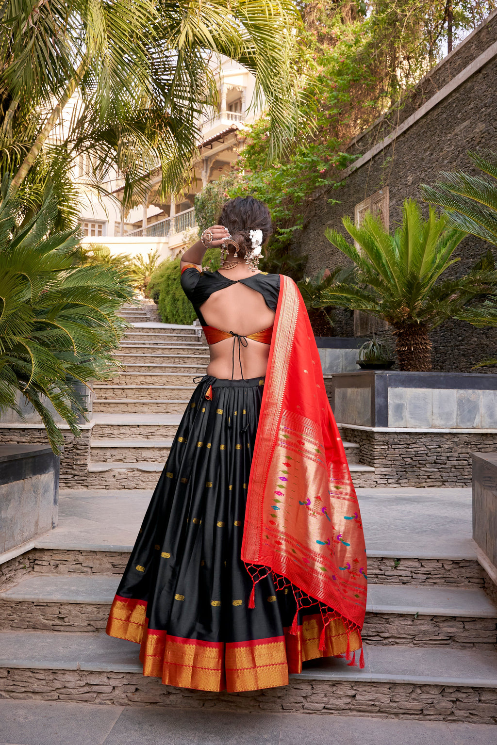 Lorenvalley Black Jacquard Silk Paithani Zari Weaving Work Lehenga Choli with Dupatta