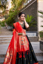 Lorenvalley Black Jacquard Silk Paithani Zari Weaving Work Lehenga Choli with Dupatta