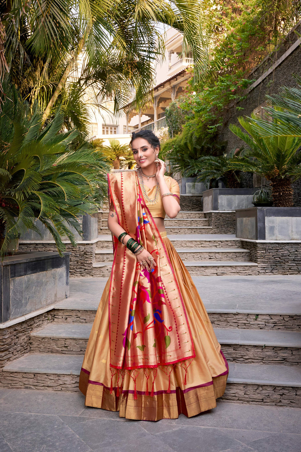 Lorenvalley Chiku Jacquard Silk Paithani Zari Weaving Work Lehenga Choli with Dupatta