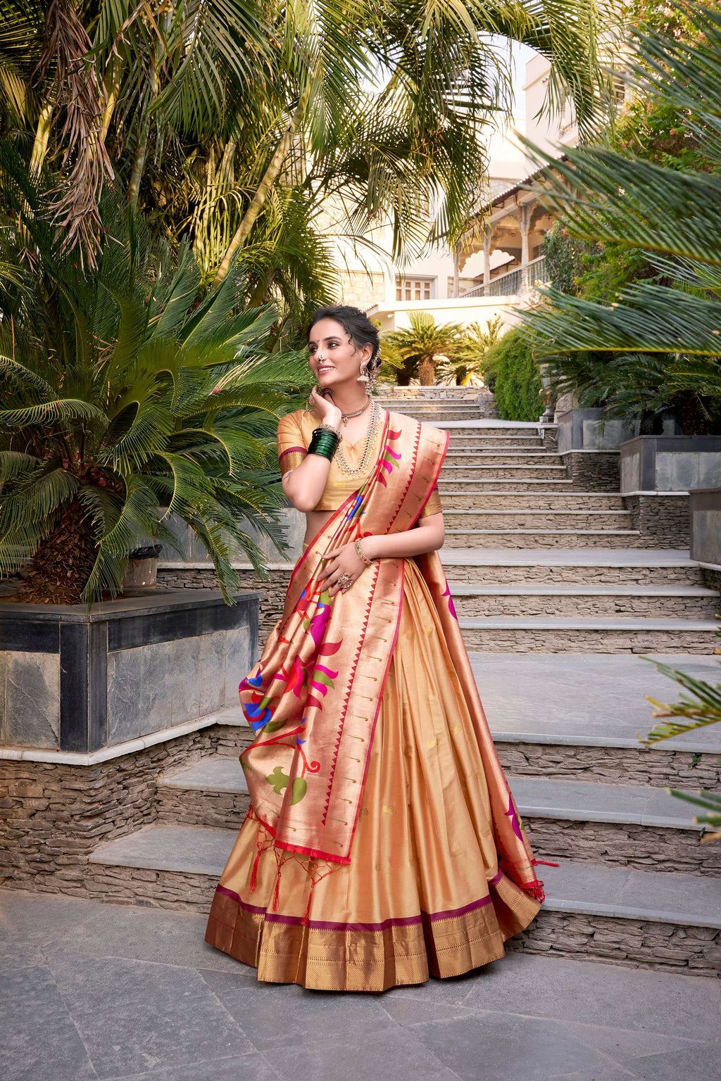 Lorenvalley Chiku Jacquard Silk Paithani Zari Weaving Work Lehenga Choli with Dupatta