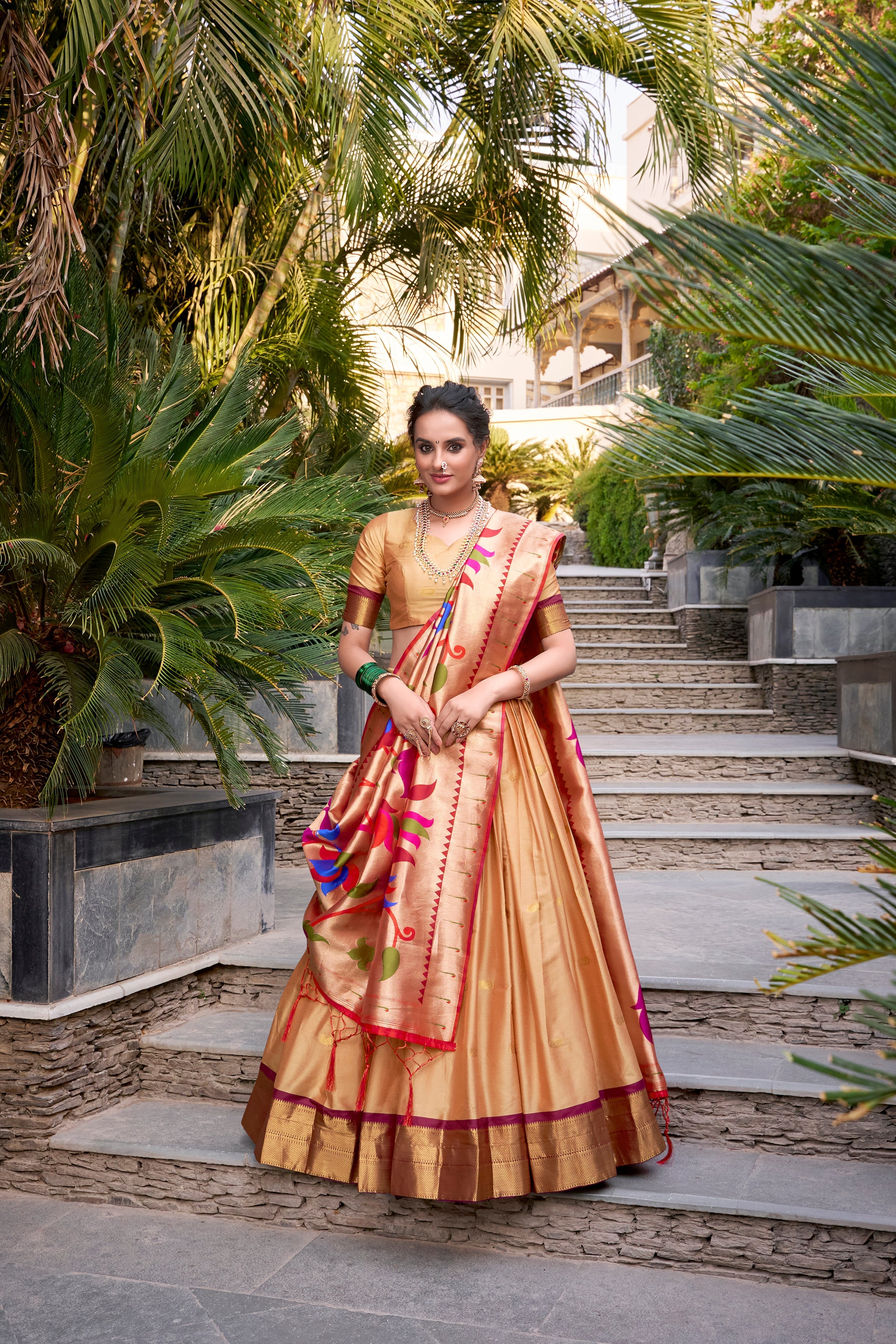 Lorenvalley Chiku Jacquard Silk Paithani Zari Weaving Work Lehenga Choli with Dupatta