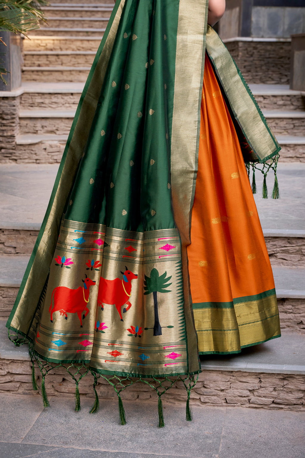 Lorenvalley Orange Jacquard Silk Paithani Zari Weaving Work Lehenga Choli with Dupatta