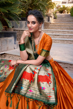 Lorenvalley Orange Jacquard Silk Paithani Zari Weaving Work Lehenga Choli with Dupatta