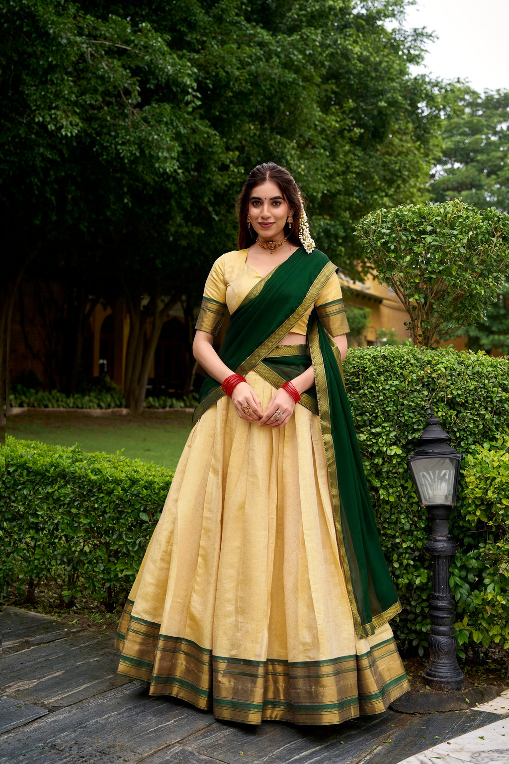 Lorenvalley Fashion Cream Kanchipuram Zari Weaving Work Lehenga Choli with Dupatta