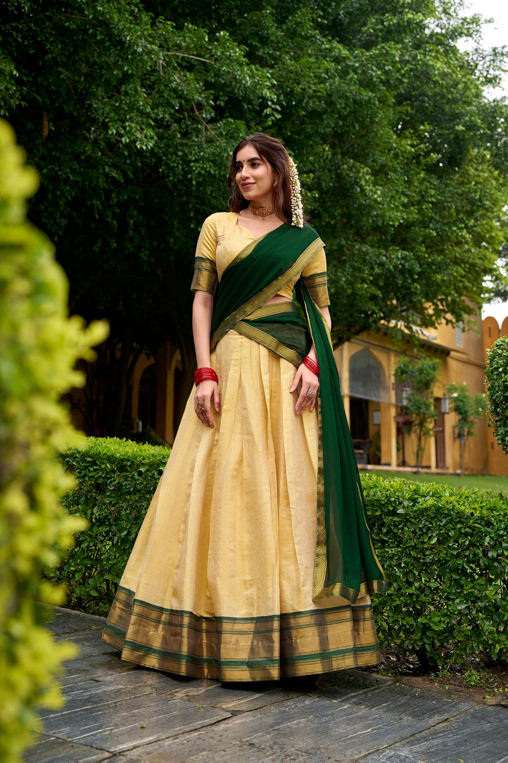 Lorenvalley Fashion Cream Kanchipuram Zari Weaving Work Lehenga Choli with Dupatta