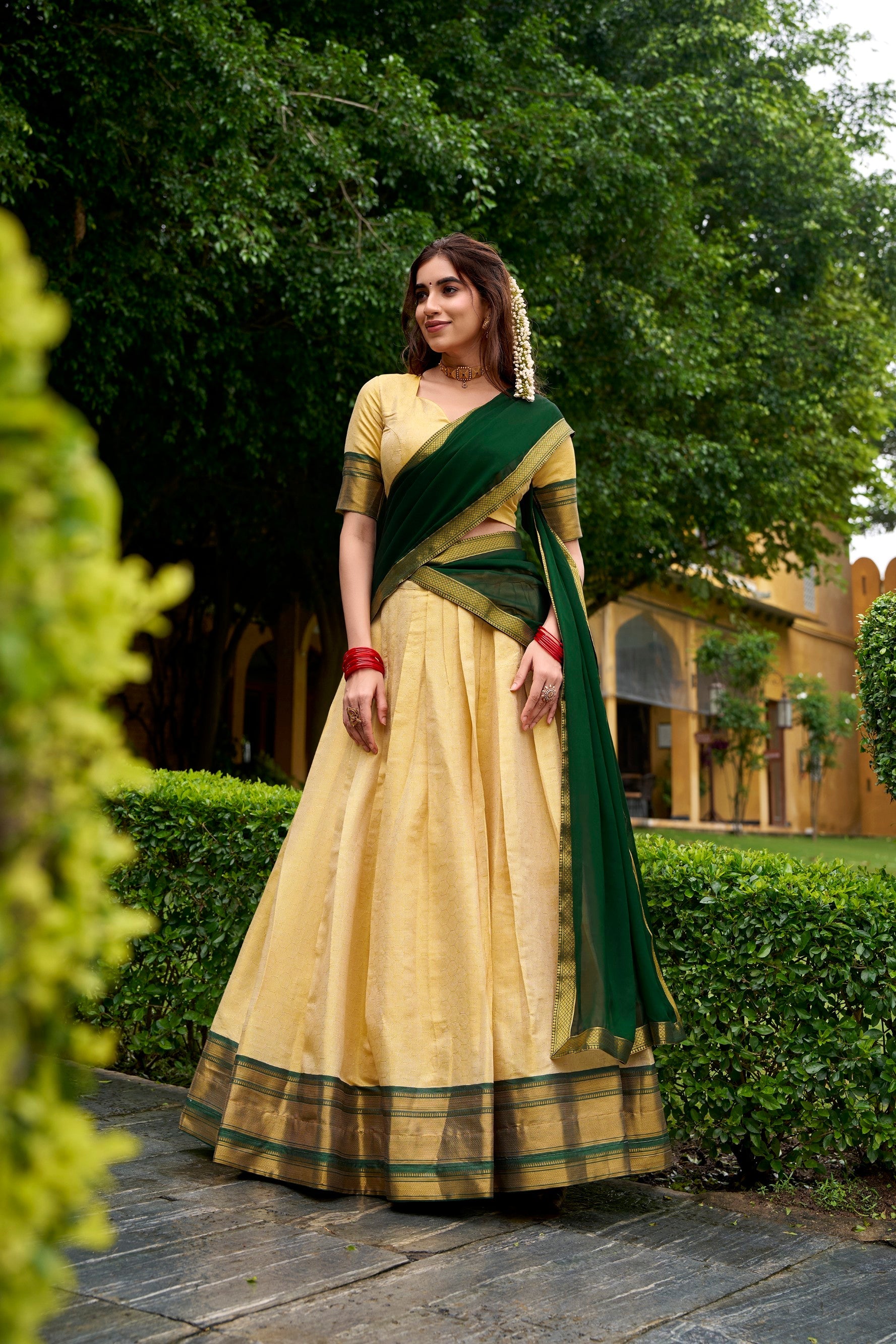 Lorenvalley Fashion Cream Kanchipuram Zari Weaving Work Lehenga Choli with Dupatta