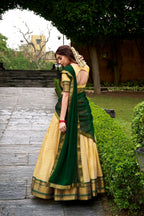 Lorenvalley Fashion Cream Kanchipuram Zari Weaving Work Lehenga Choli with Dupatta