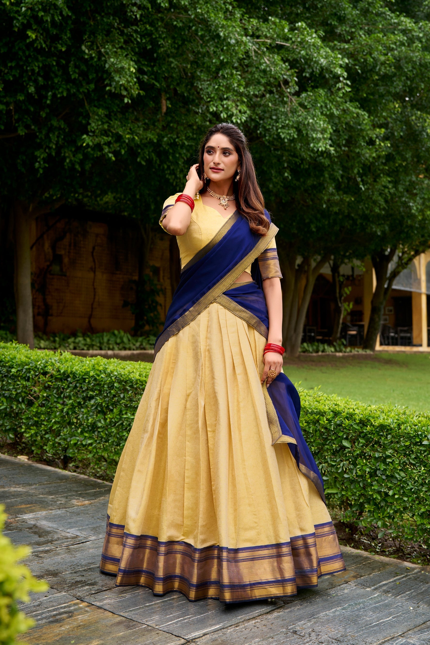 Lorenvalley Fashion Cream Kanchipuram Zari Weaving Work Lehenga Choli with Dupatta - Distacart