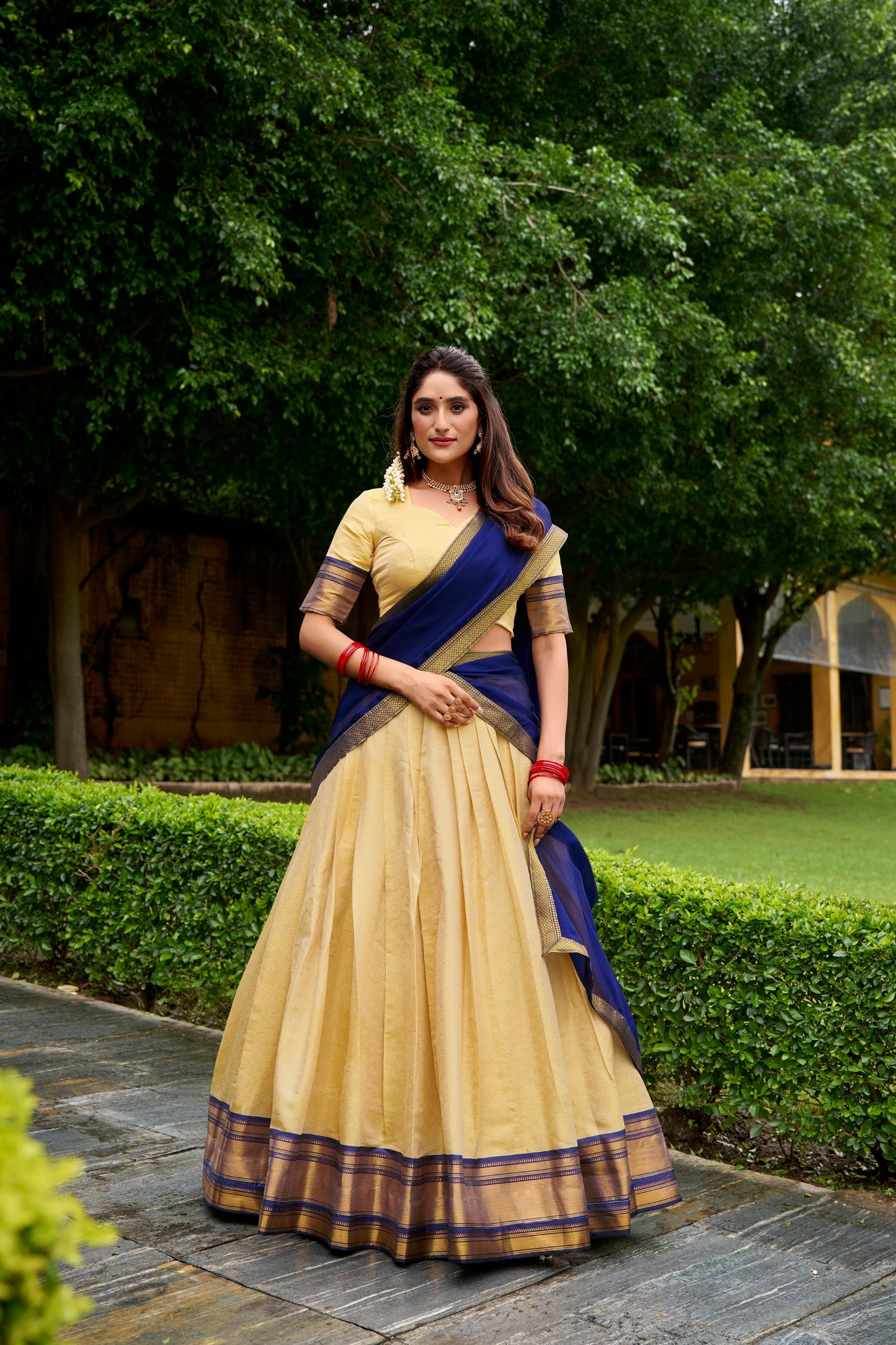 Lorenvalley Fashion Cream Kanchipuram Zari Weaving Work Lehenga Choli with Dupatta - Distacart